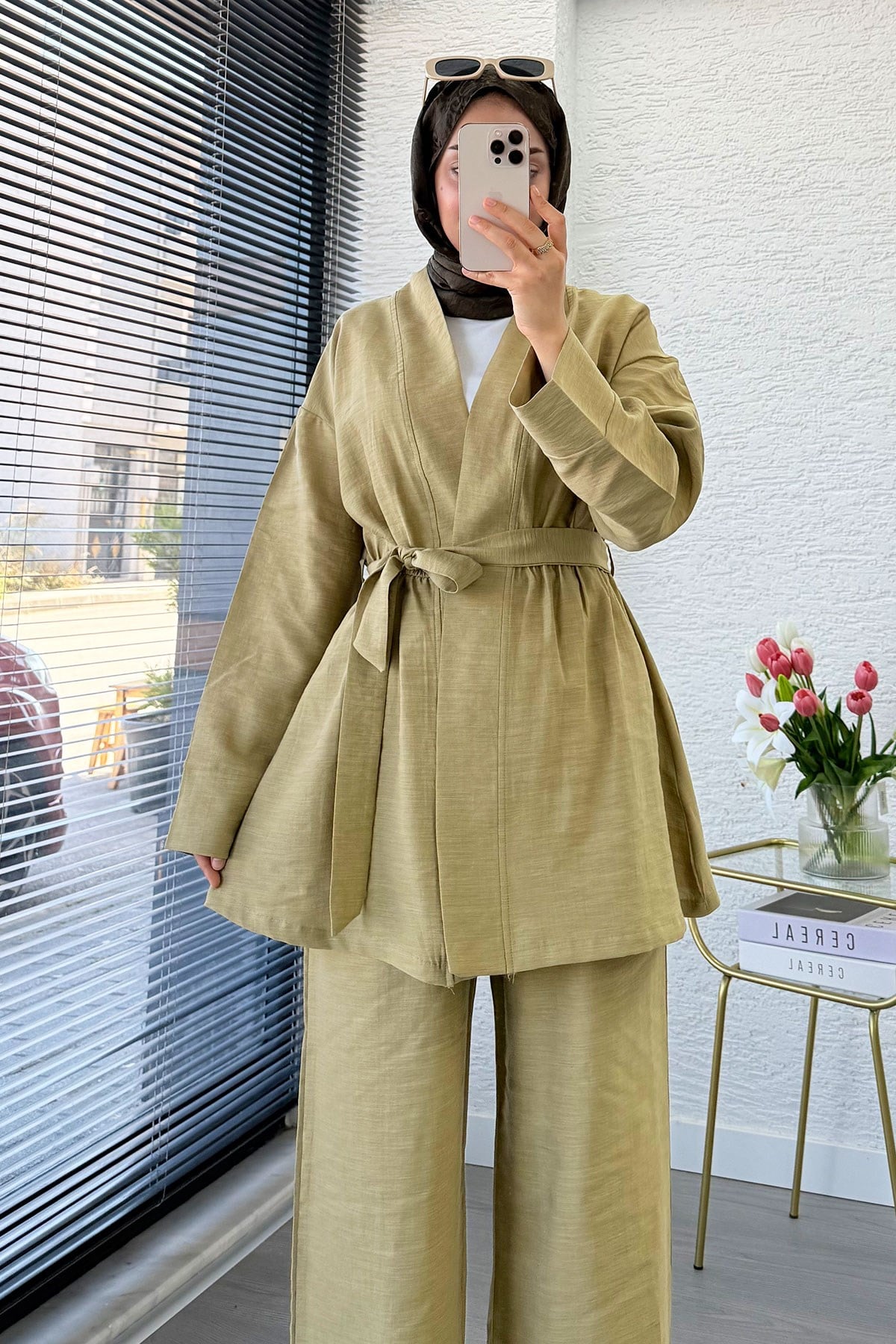 Premium Vessa Kuşak Detaylı Keten Pantolon Takım - Yağ Yeşili