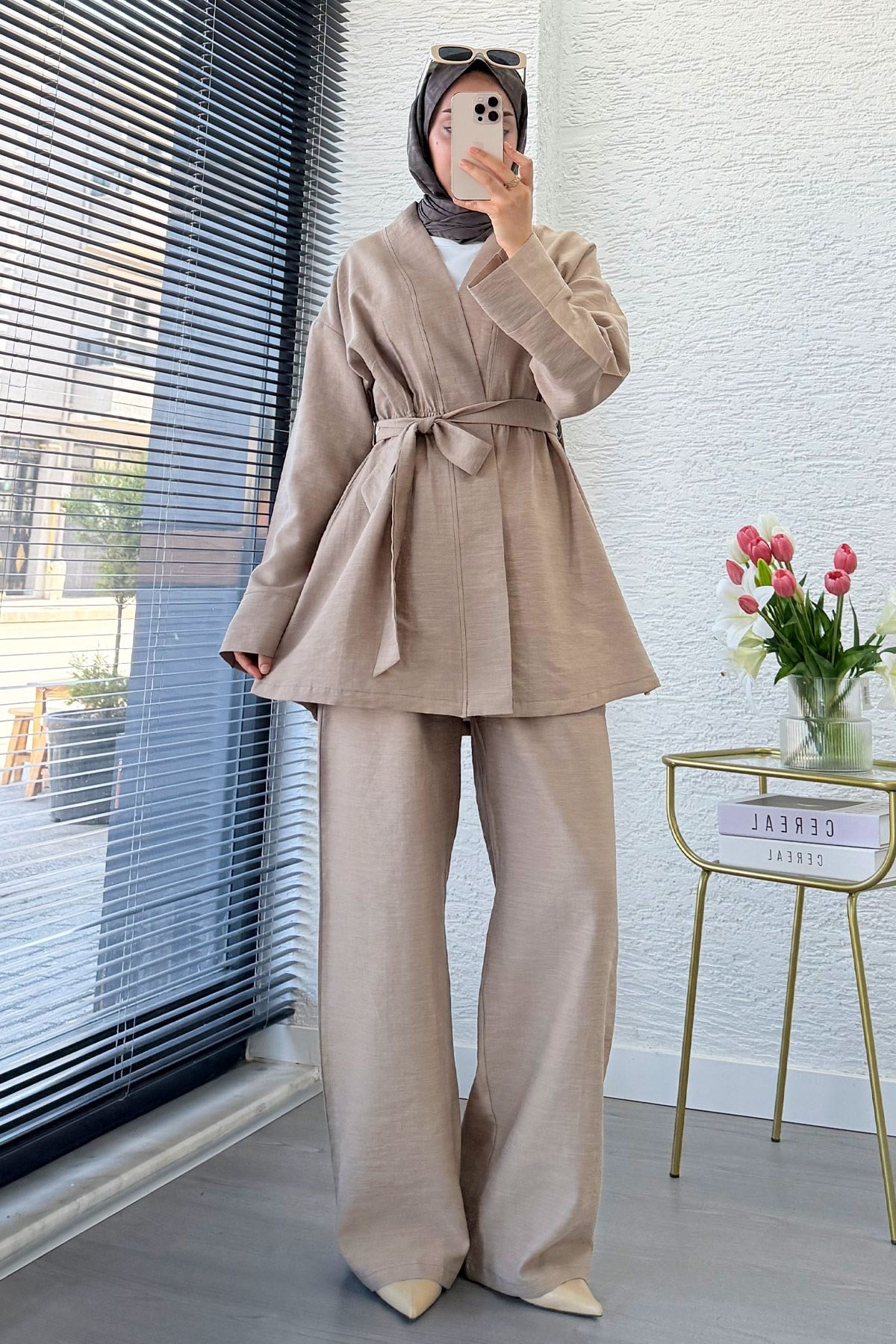 Premium Vessa Kuşak Detaylı Keten Pantolon Takım - Vizon