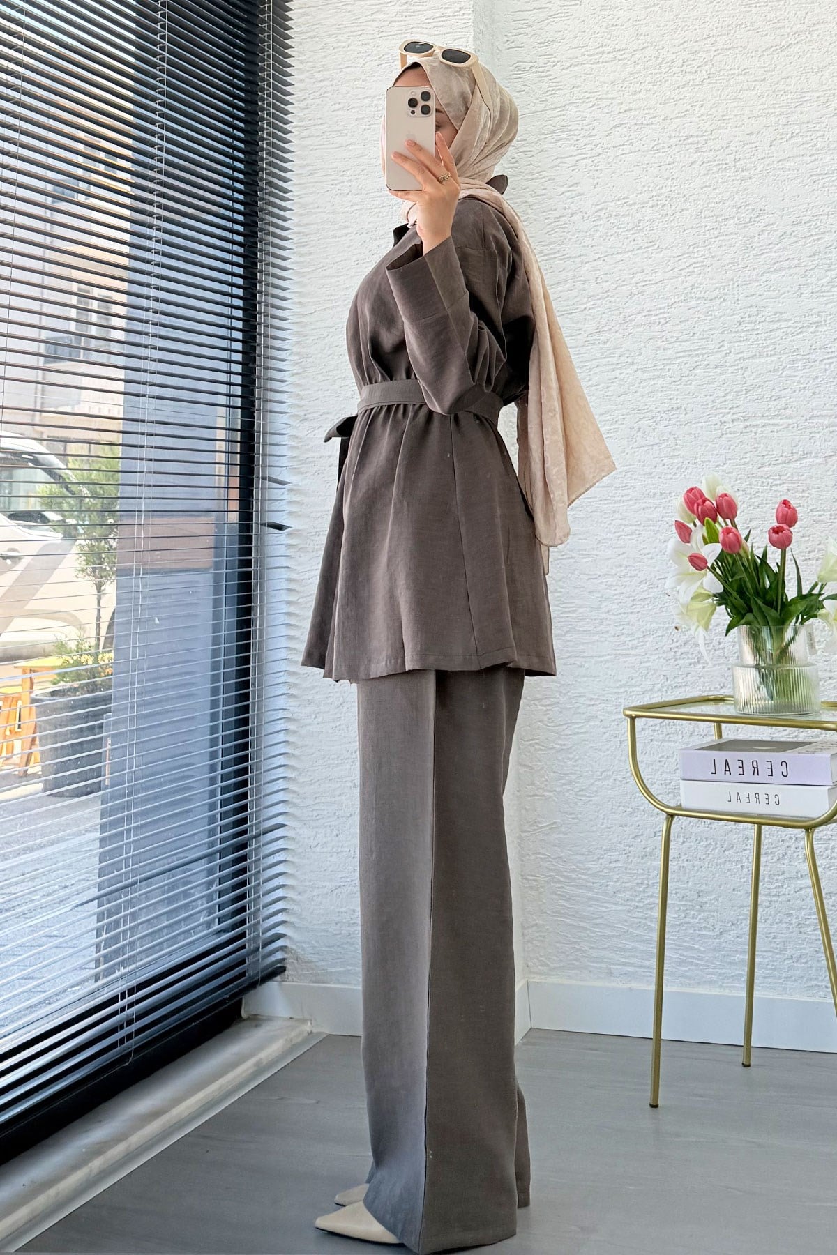 Premium Vessa Kuşak Detaylı Keten Pantolon Takım - Kahverengi