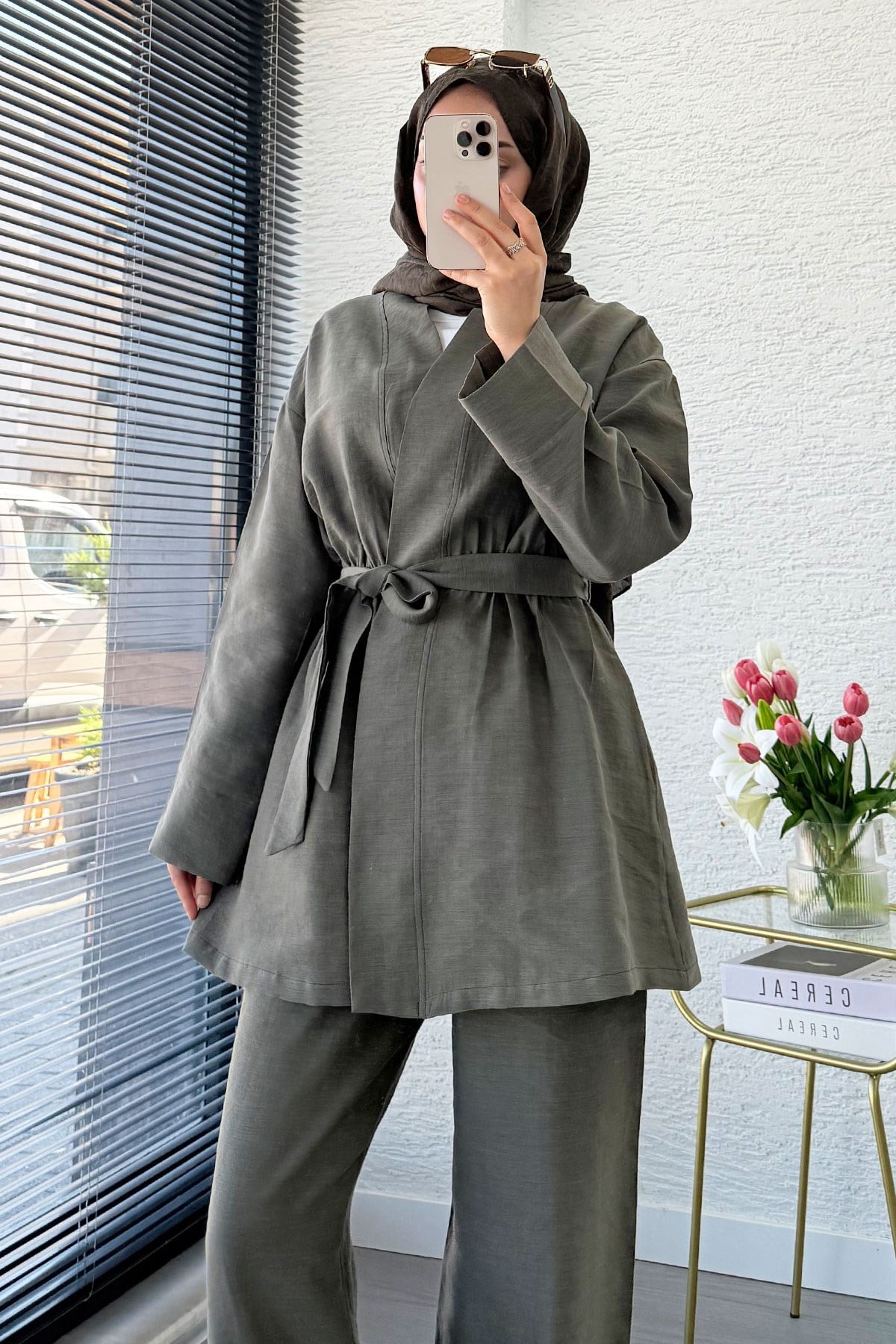 Premium Vessa Kuşak Detaylı Keten Pantolon Takım - Haki