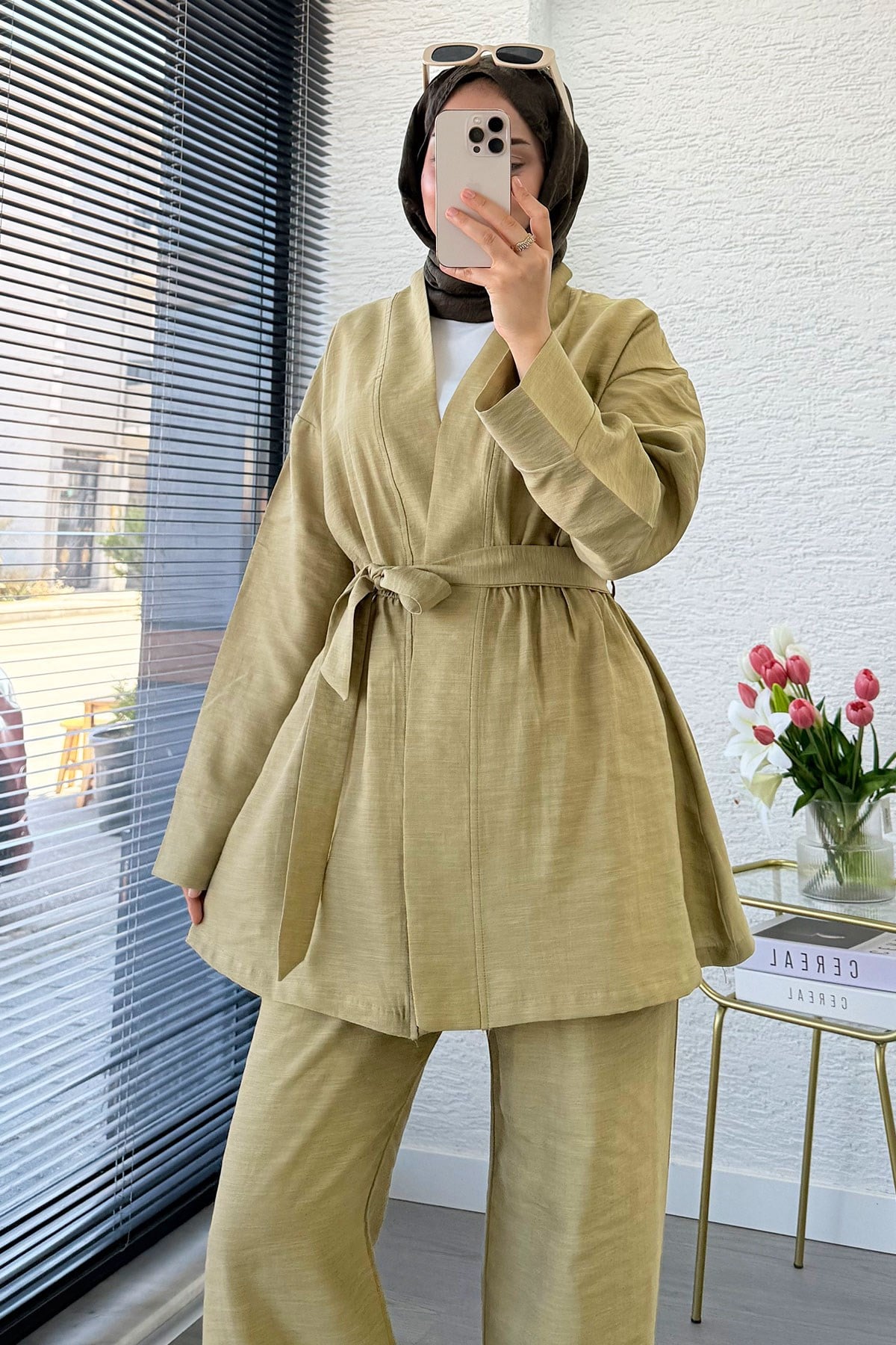 Premium Vessa Kuşak Detaylı Keten Pantolon Takım - Yağ Yeşili