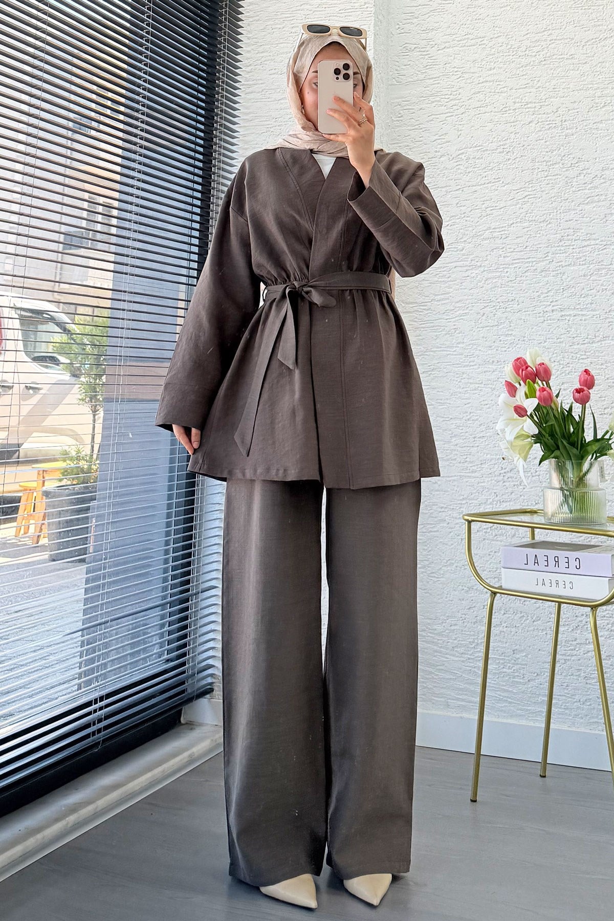 Premium Vessa Kuşak Detaylı Keten Pantolon Takım - Kahverengi