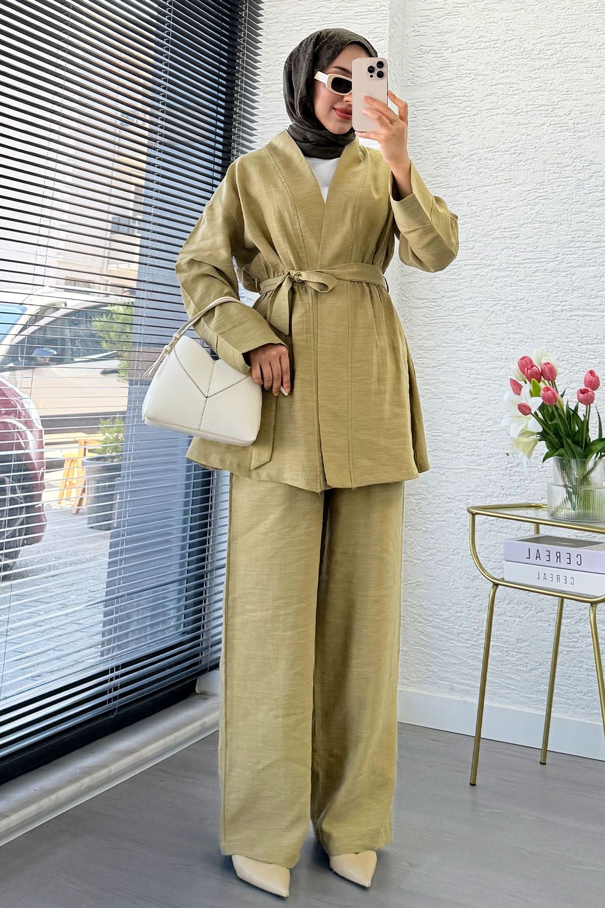 Premium Vessa Kuşak Detaylı Keten Pantolon Takım - Yağ Yeşili