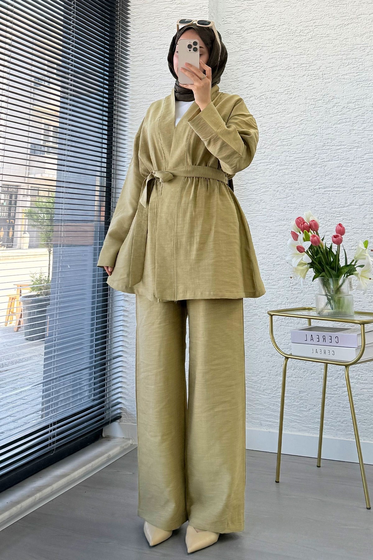 Premium Vessa Kuşak Detaylı Keten Pantolon Takım - Yağ Yeşili