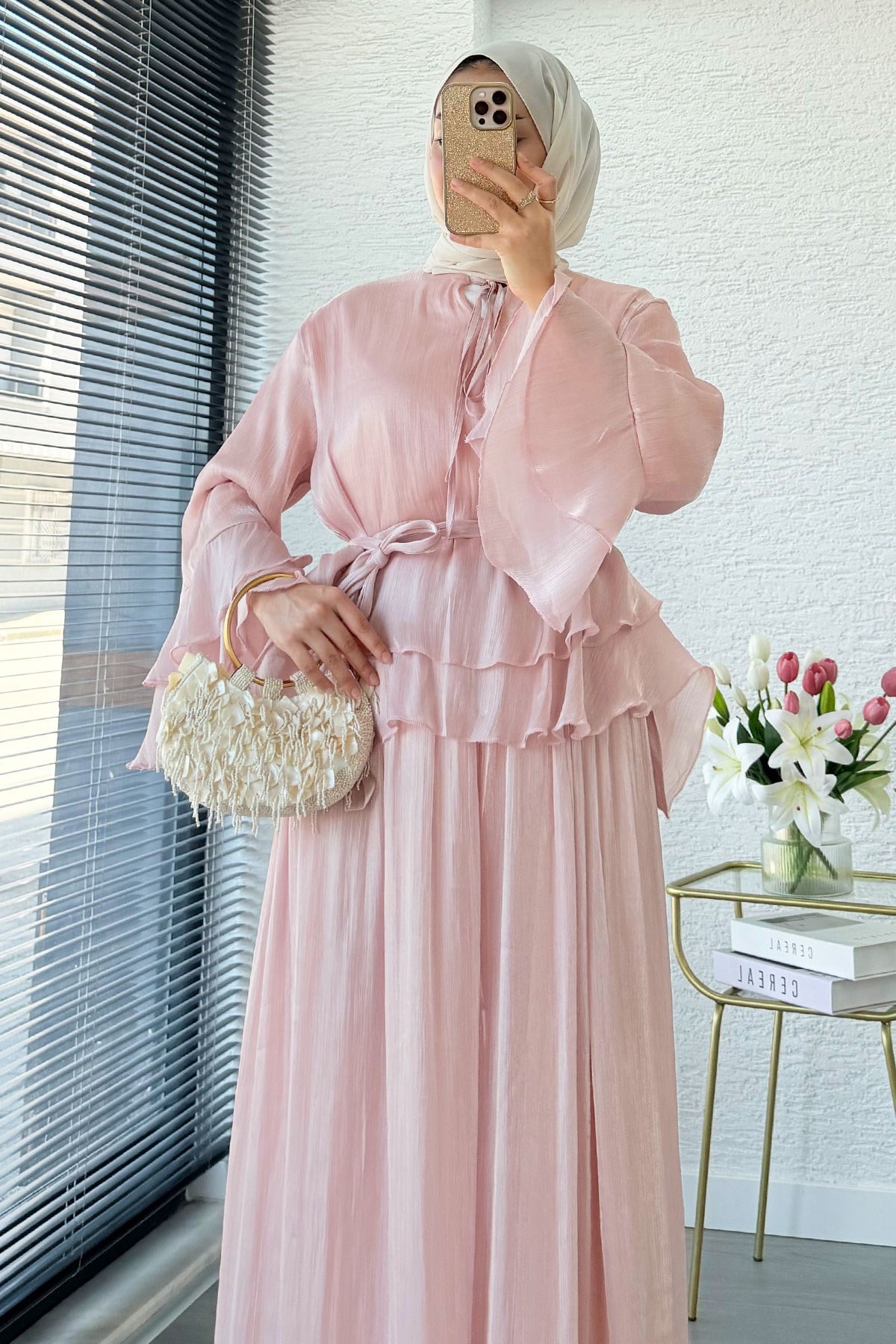 Premıum Volan Detaylı Organze Mue Takım - Pembe