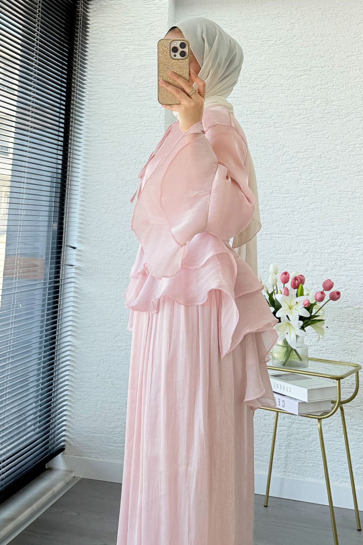 Premıum Volan Detaylı Organze Mue Takım - Pembe