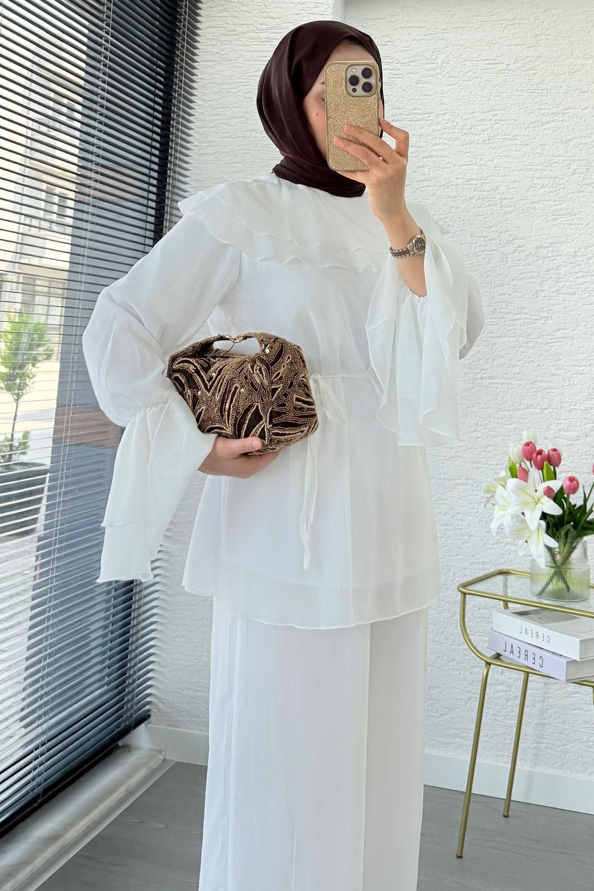 Premium Volan Katlı Şifon İkili Takım – Beyaz