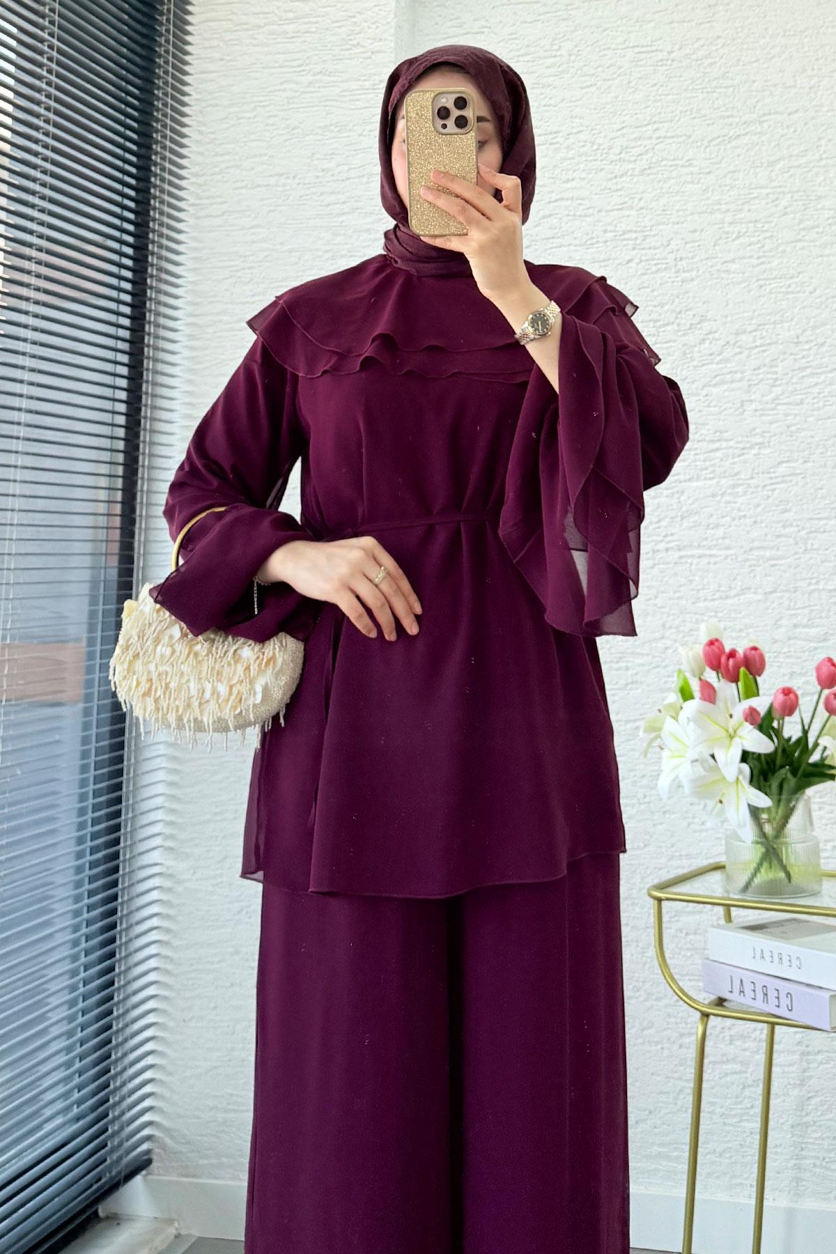 Premium Volan Katlı Şifon İkili Takım – Mürdüm