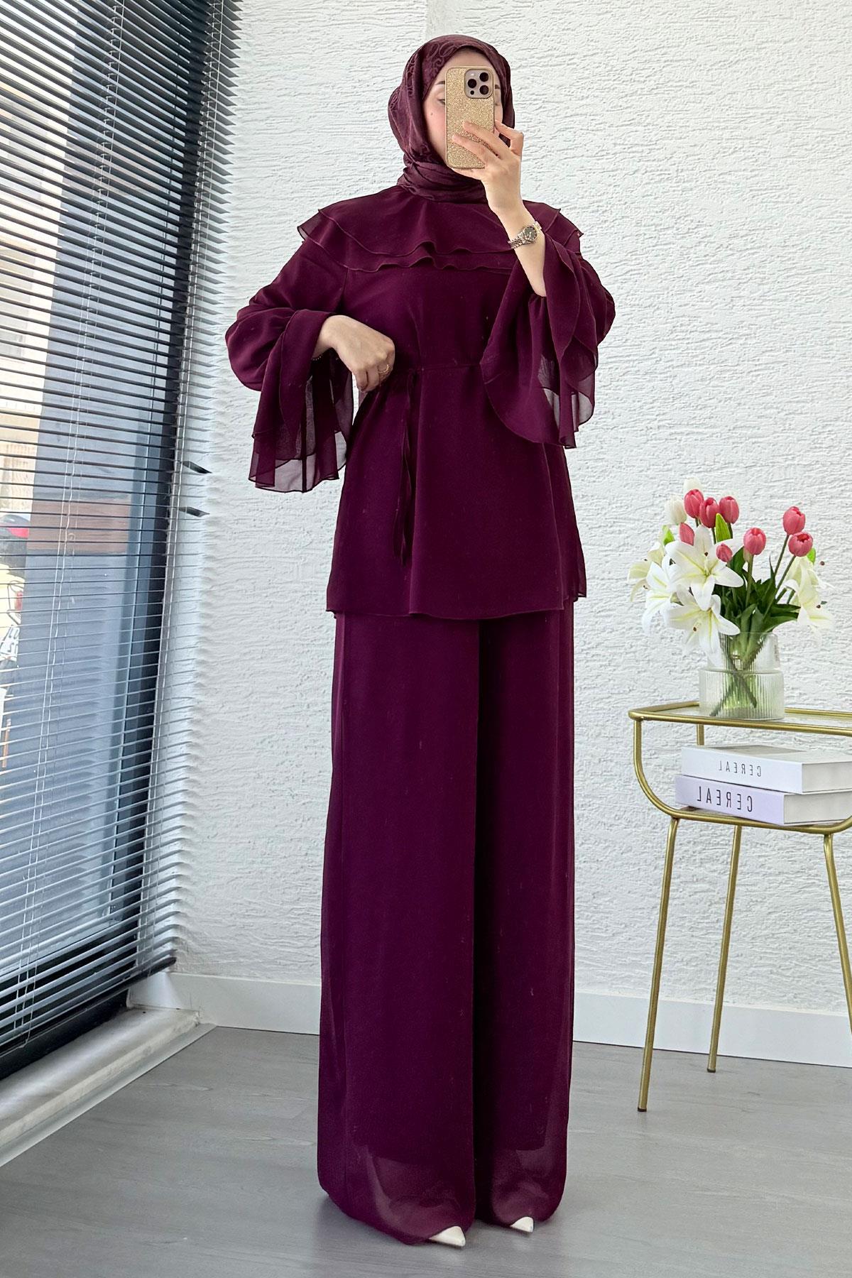 Premium Volan Katlı Şifon İkili Takım – Mürdüm