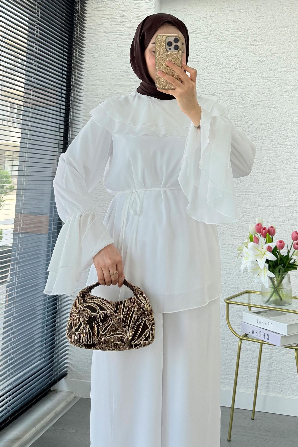 Premium Volan Katlı Şifon İkili Takım – Beyaz