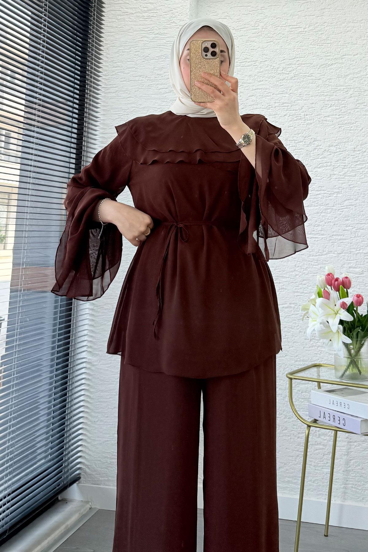 Premium Volan Katlı Şifon İkili Takım – Kahverengi
