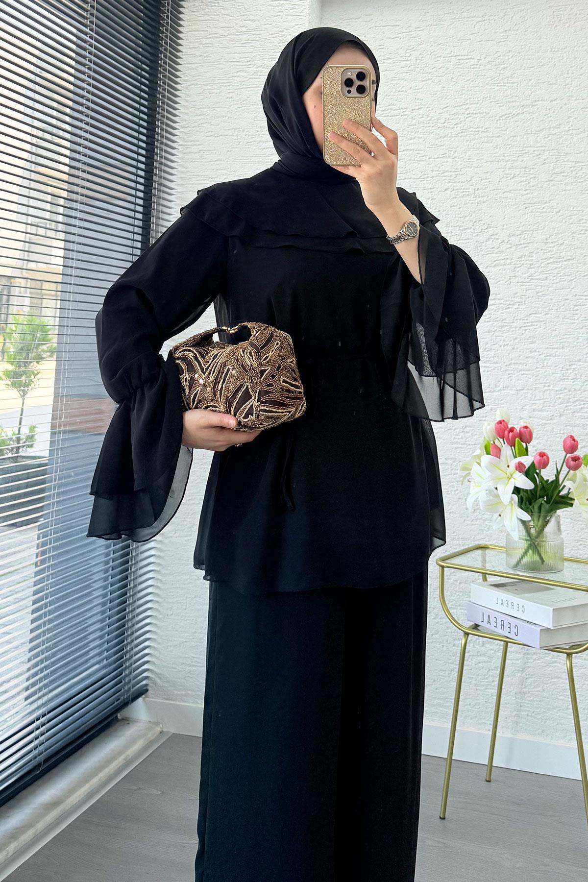 Premium Volan Katlı Şifon İkili Takım – Siyah