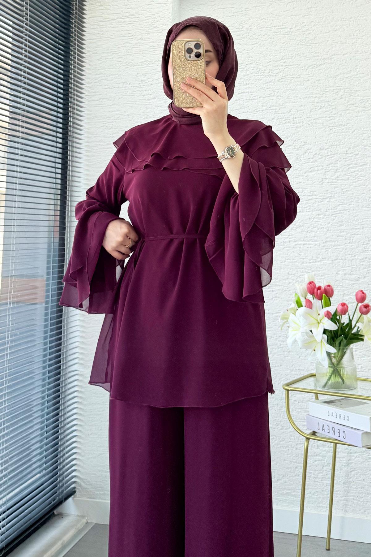 Premium Volan Katlı Şifon İkili Takım – Mürdüm