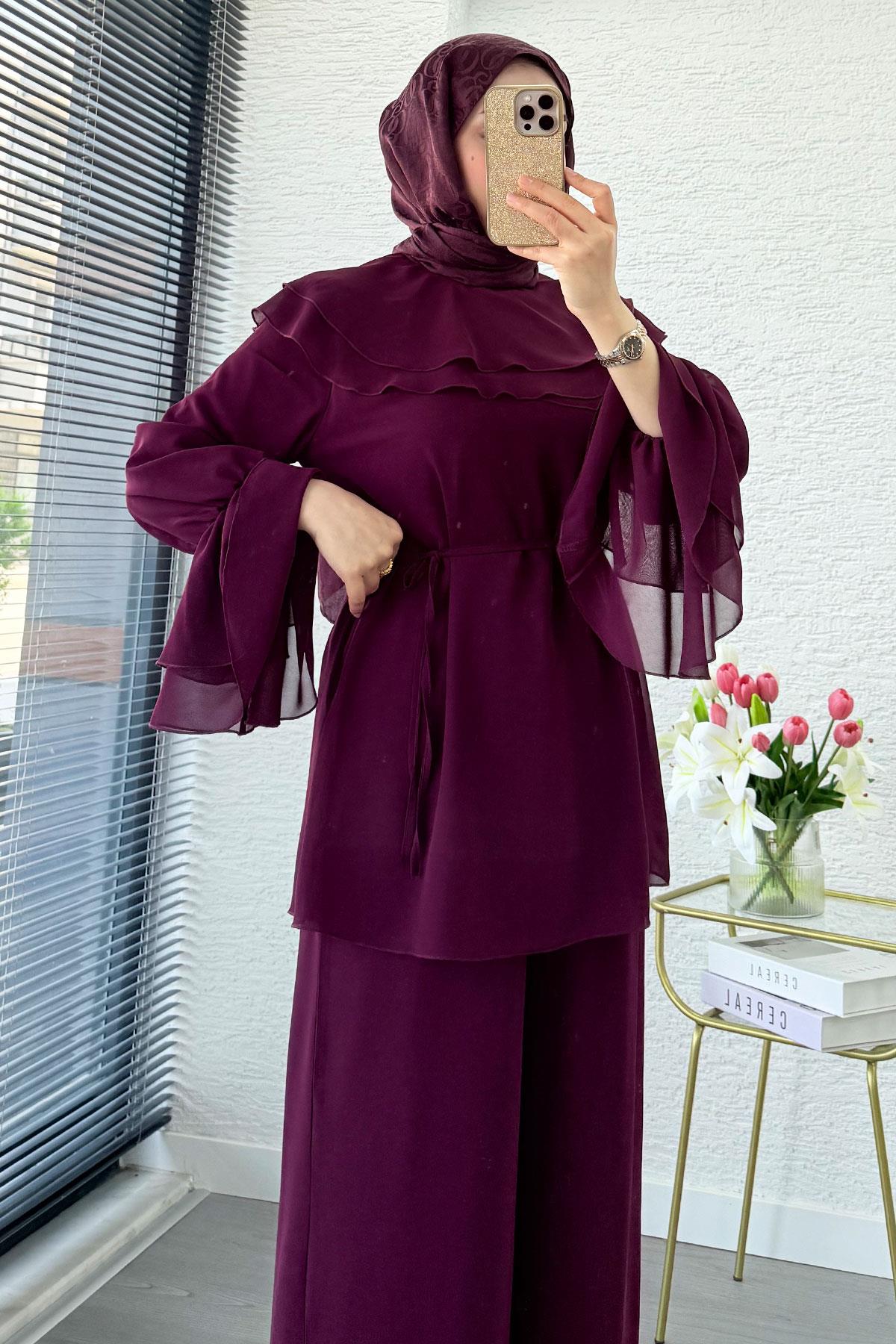 Premium Volan Katlı Şifon İkili Takım – Mürdüm