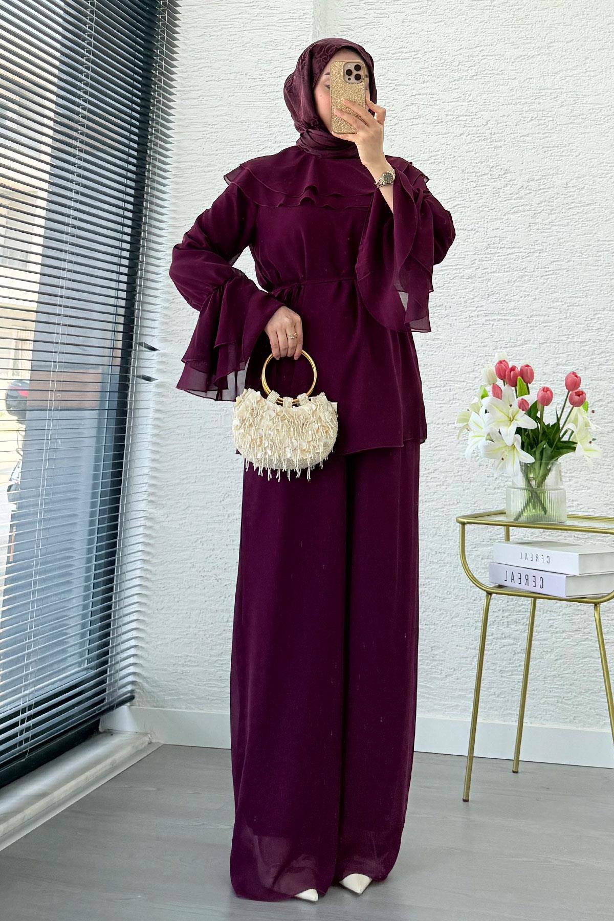 Premium Volan Katlı Şifon İkili Takım – Mürdüm
