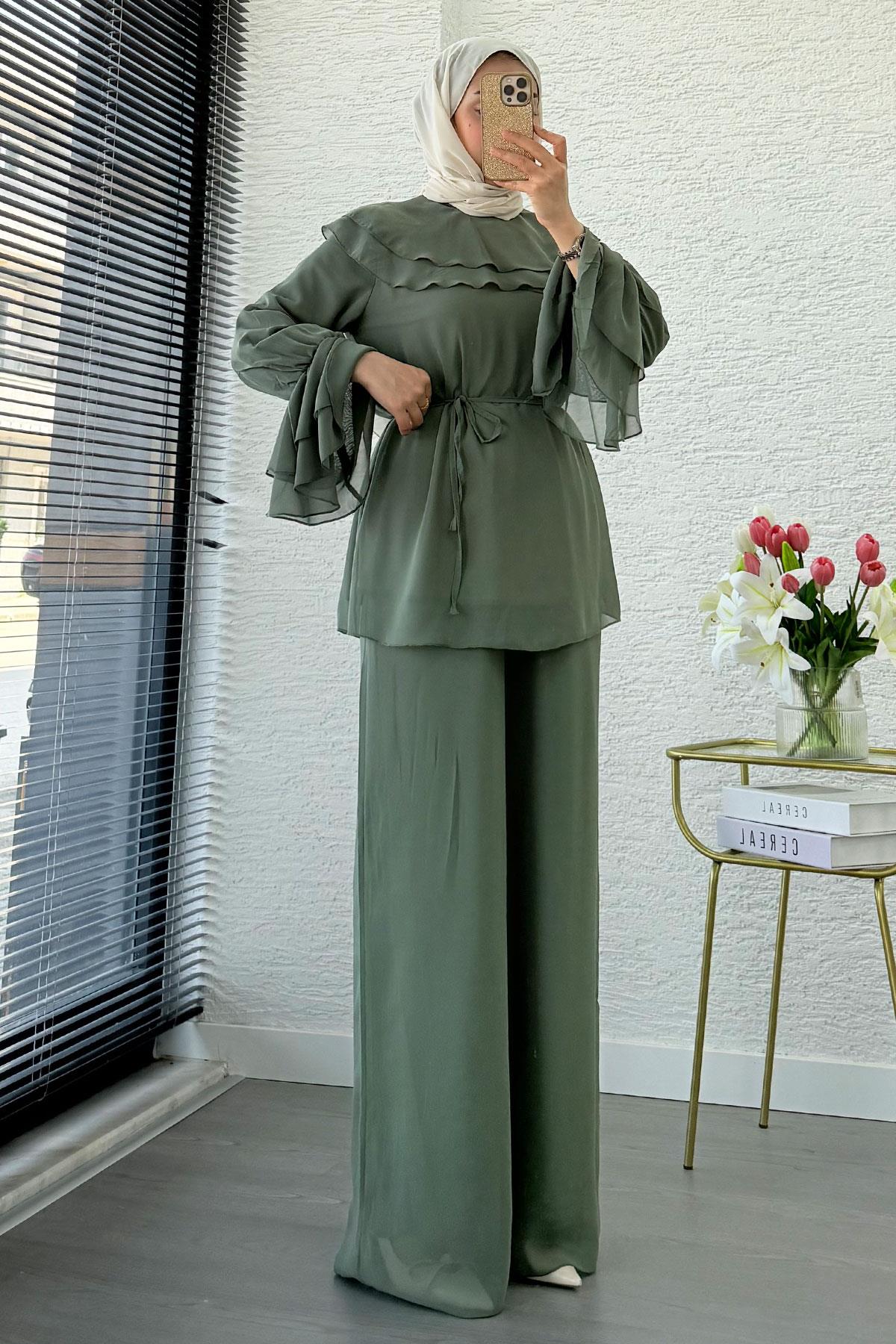 Premium Volan Katlı Şifon İkili Takım – Haki