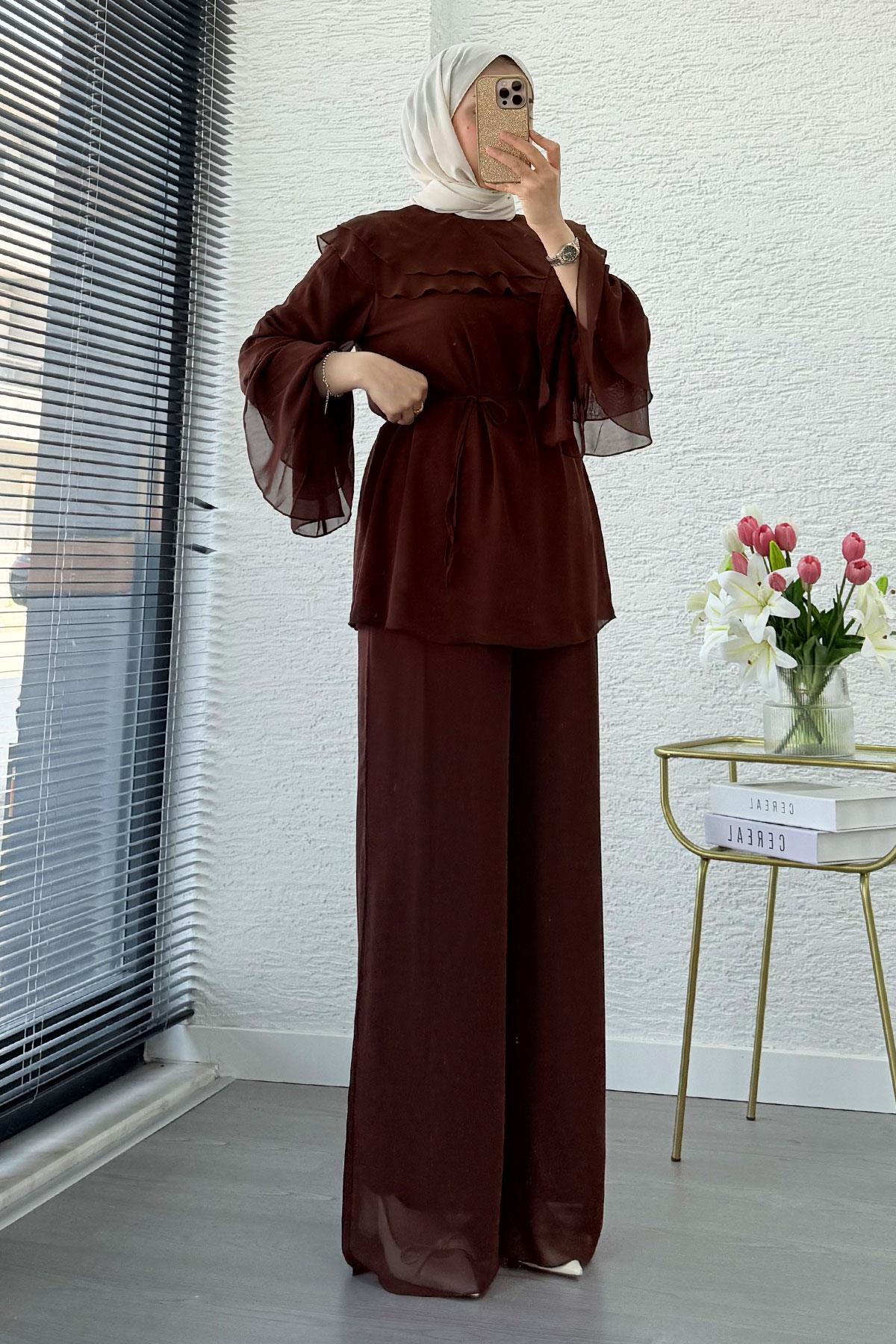 Premium Volan Katlı Şifon İkili Takım – Kahverengi