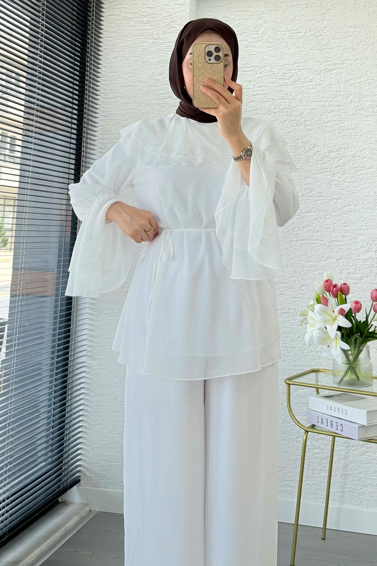 Premium Volan Katlı Şifon İkili Takım – Beyaz