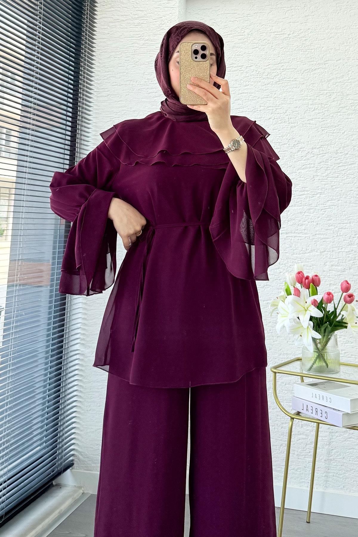 Premium Volan Katlı Şifon İkili Takım – Mürdüm