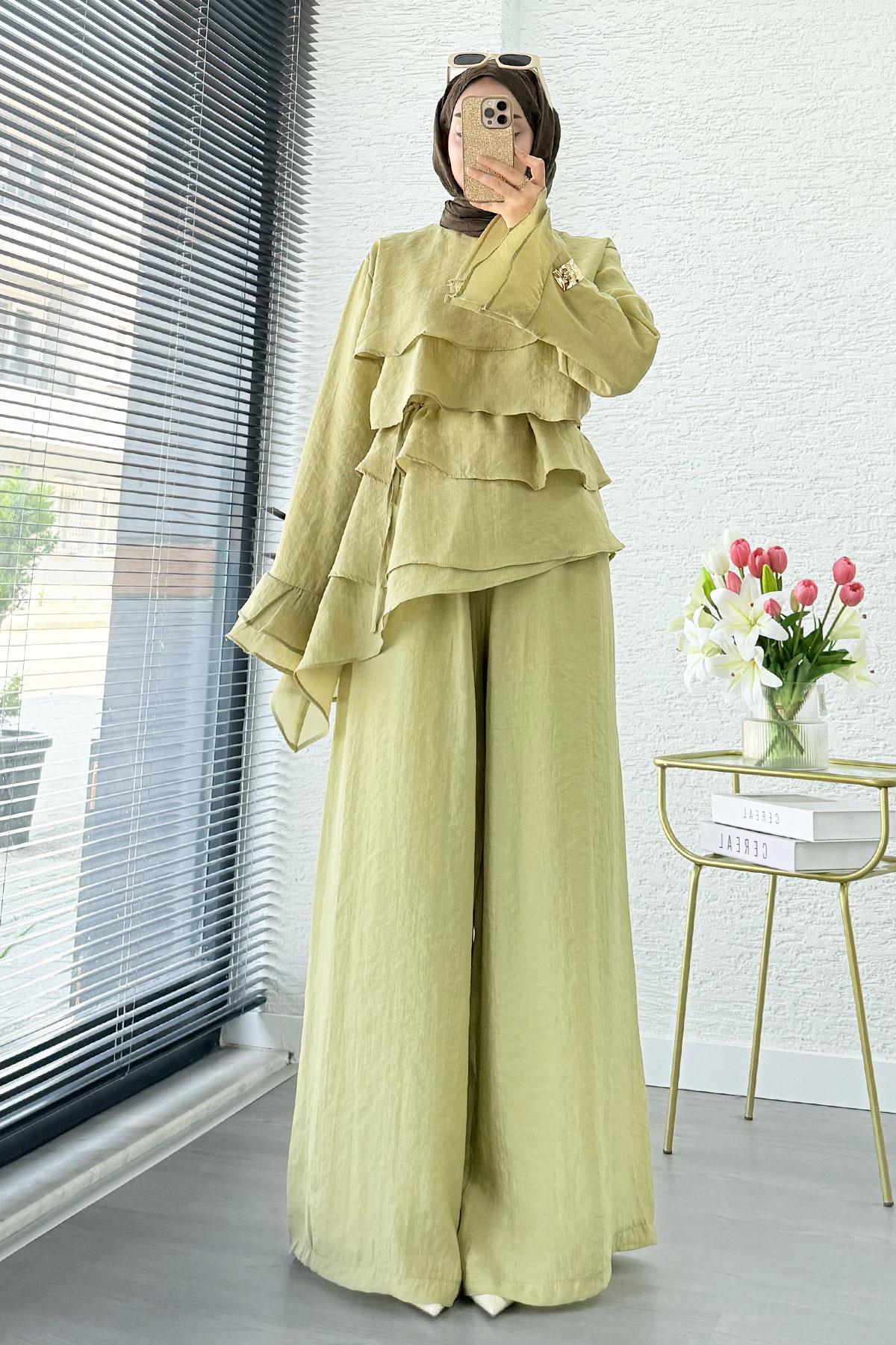 Premium Volan Katlı Vual İkili Takım – Olive