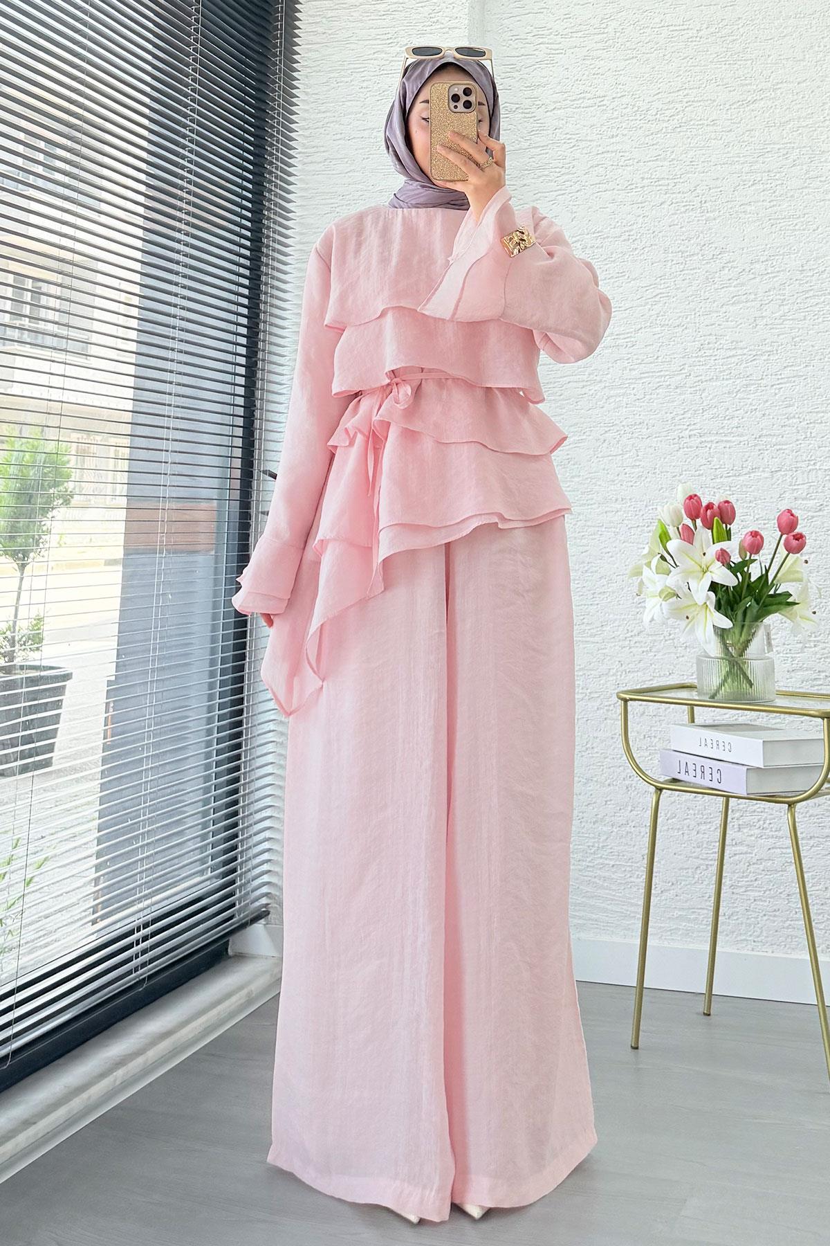 Premium Volan Katlı Vual İkili Takım – Pembe