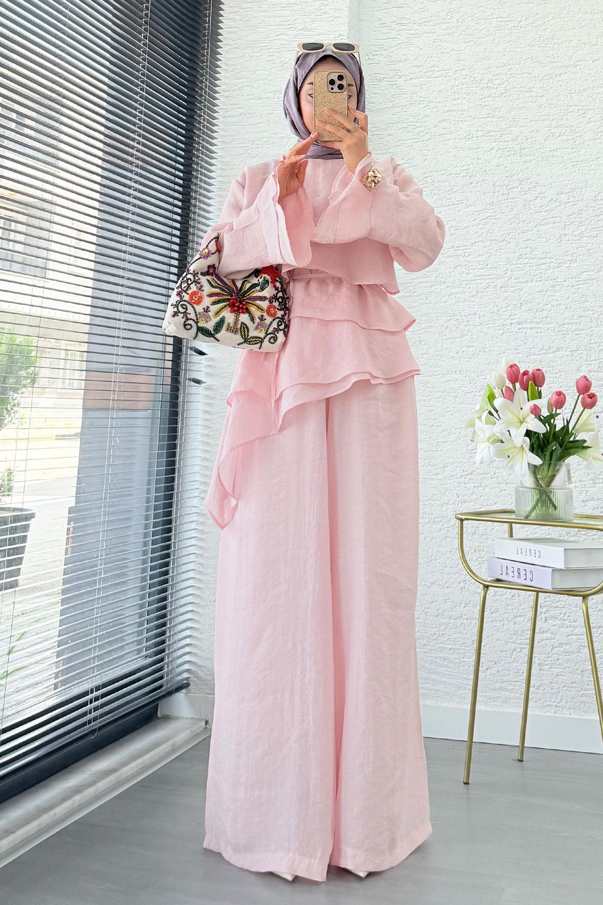 Premium Volan Katlı Vual İkili Takım – Pembe