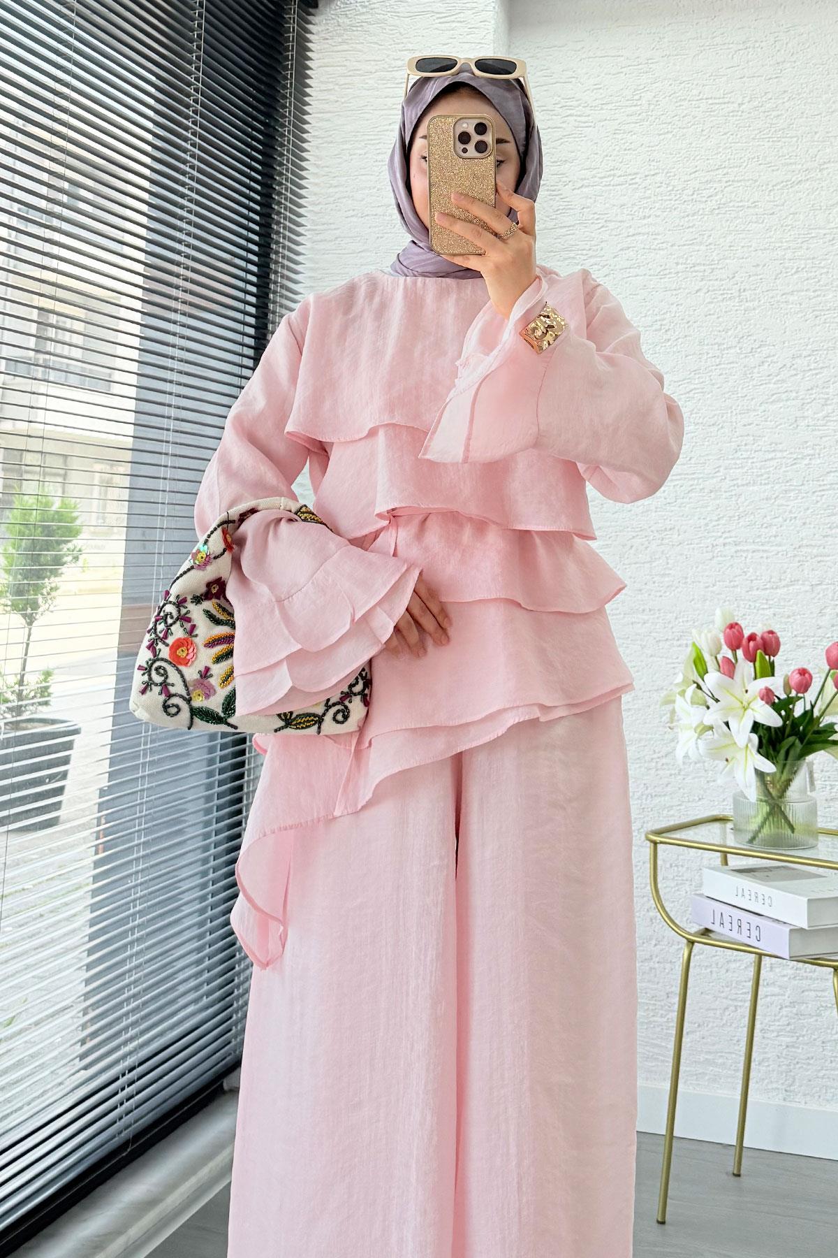 Premium Volan Katlı Vual İkili Takım – Pembe
