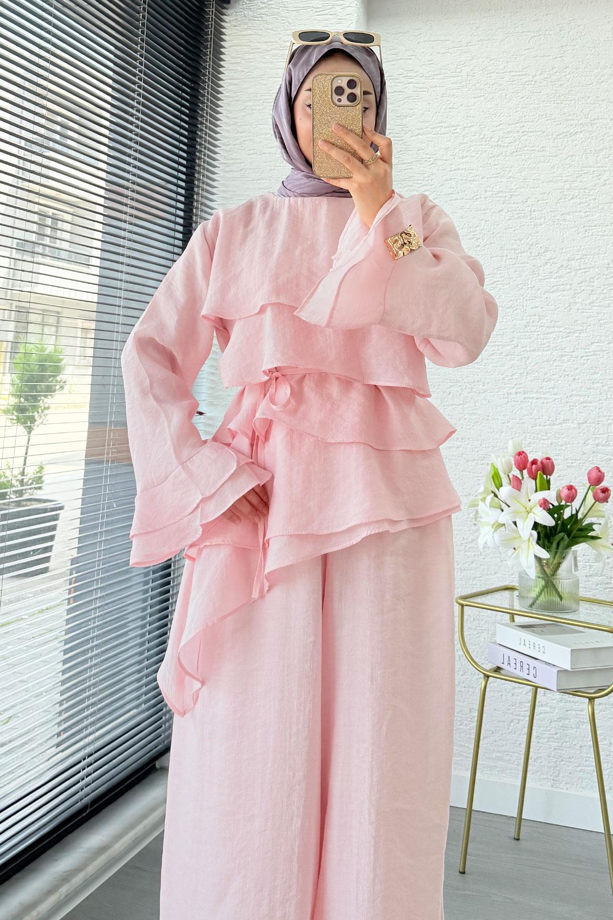 Premium Volan Katlı Vual İkili Takım – Pembe