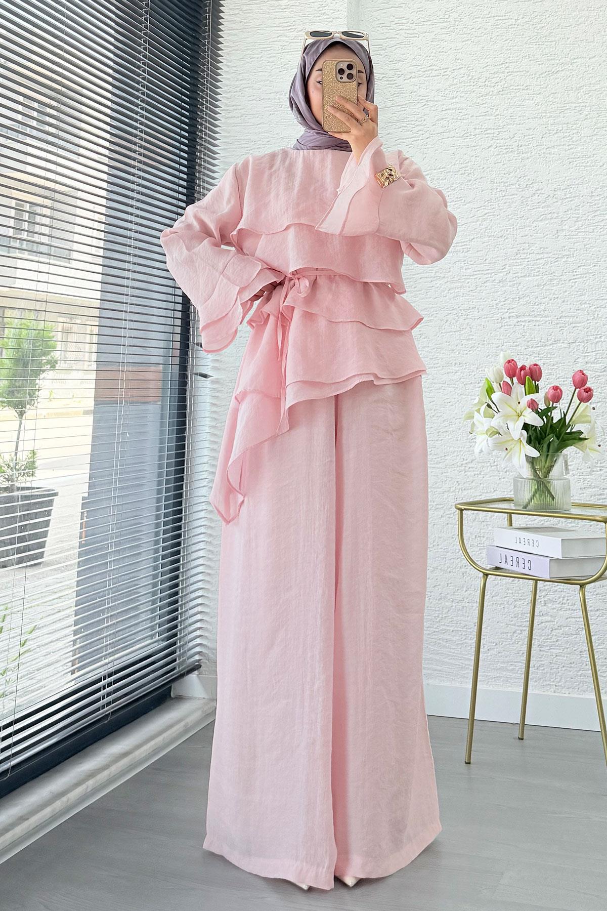Premium Volan Katlı Vual İkili Takım – Pembe