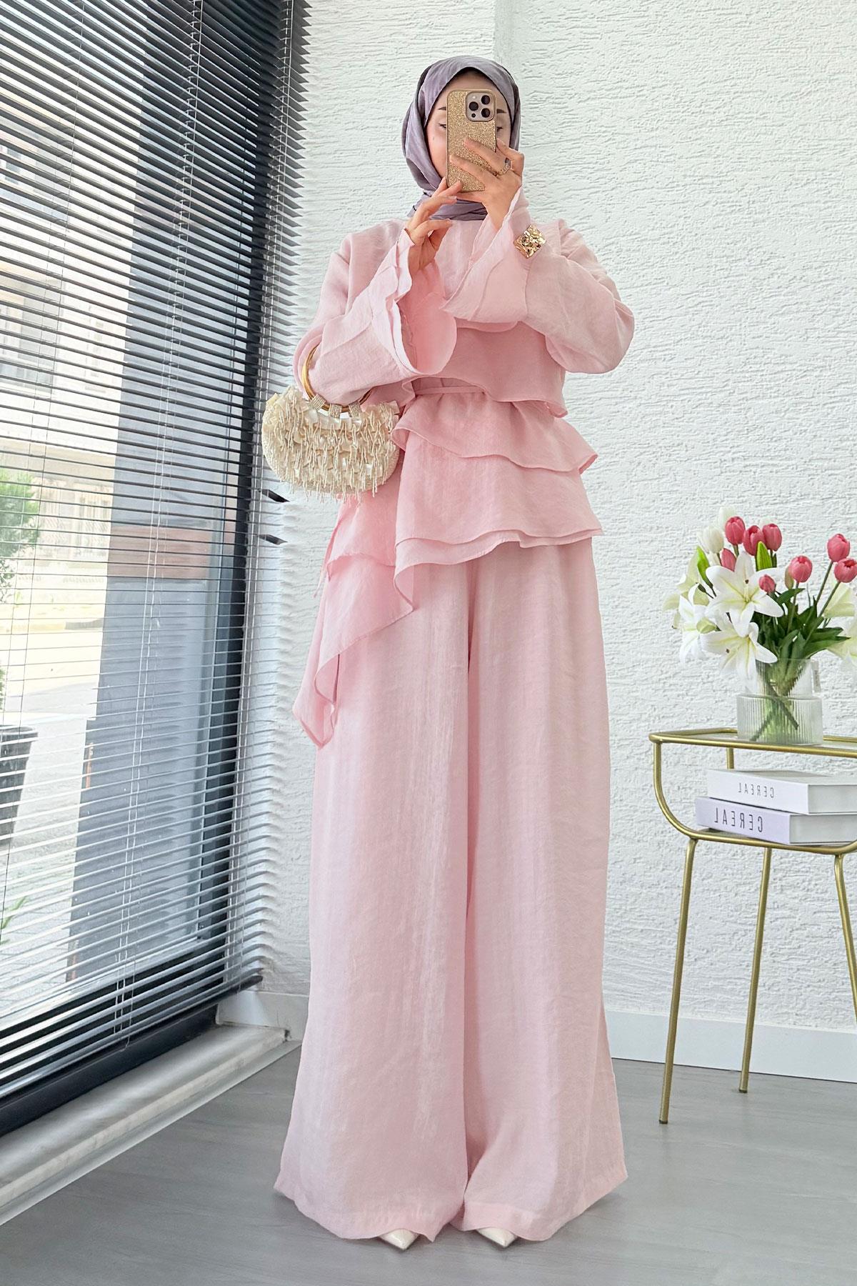 Premium Volan Katlı Vual İkili Takım – Pembe