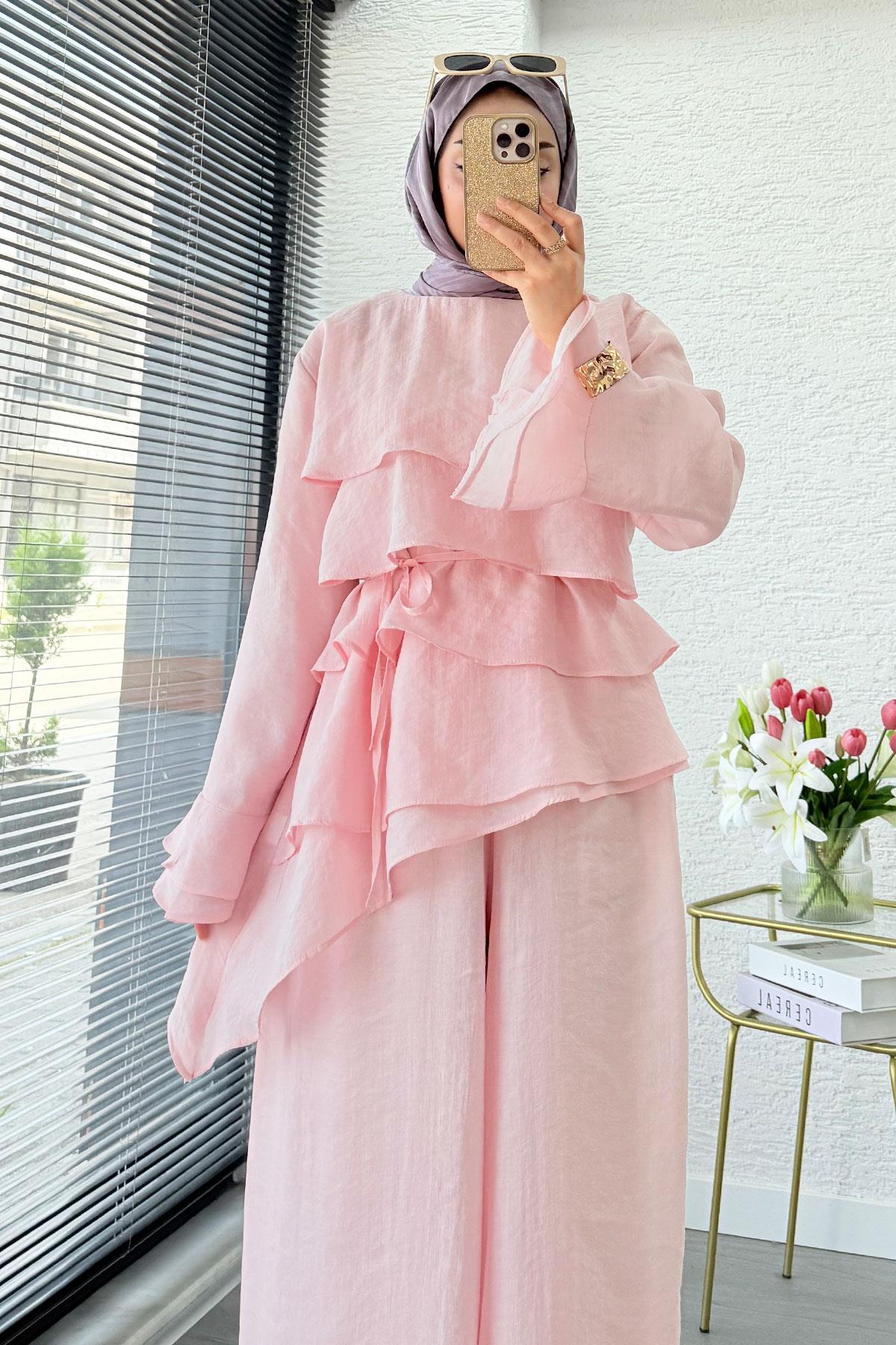 Premium Volan Katlı Vual İkili Takım – Pembe