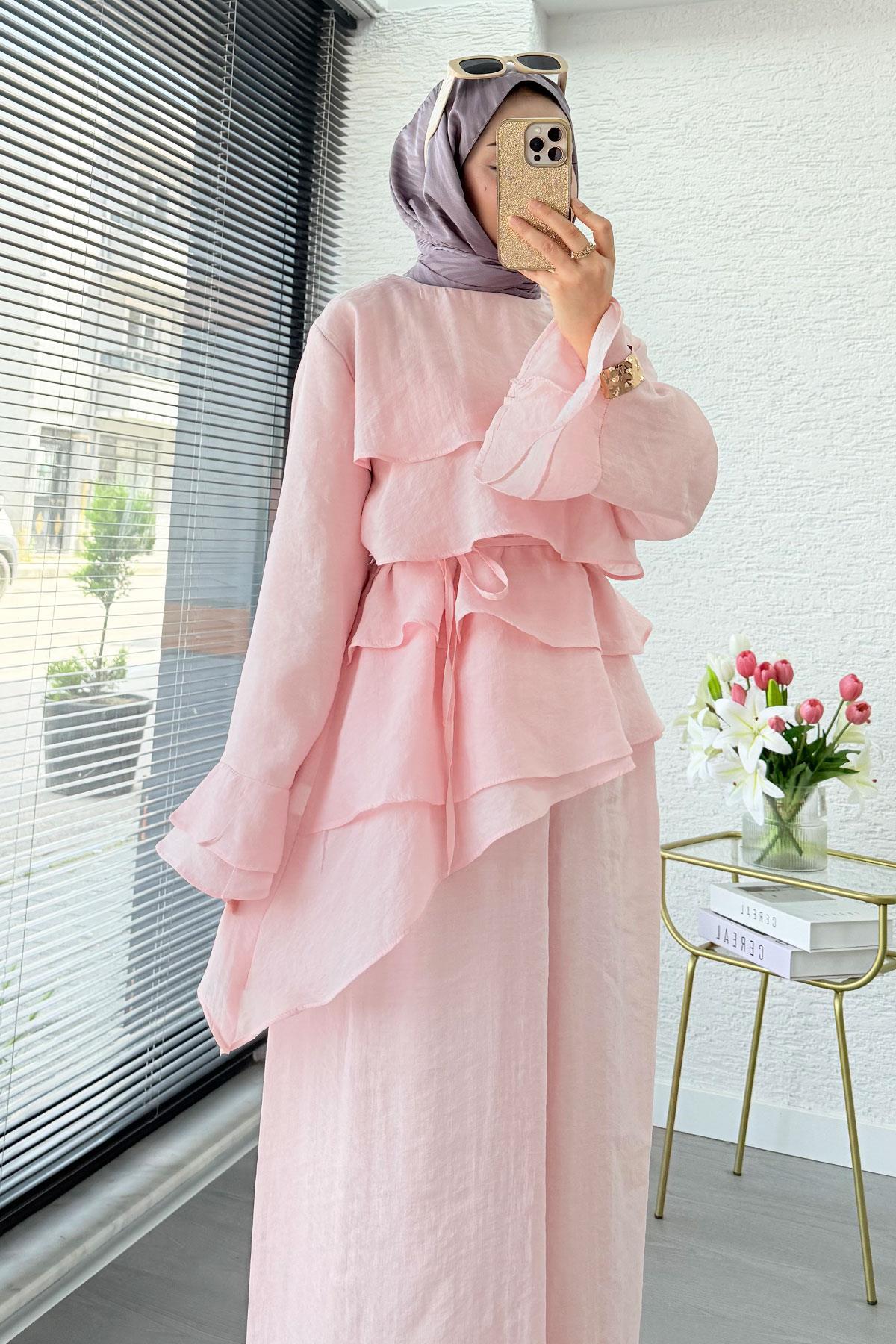Premium Volan Katlı Vual İkili Takım – Pembe