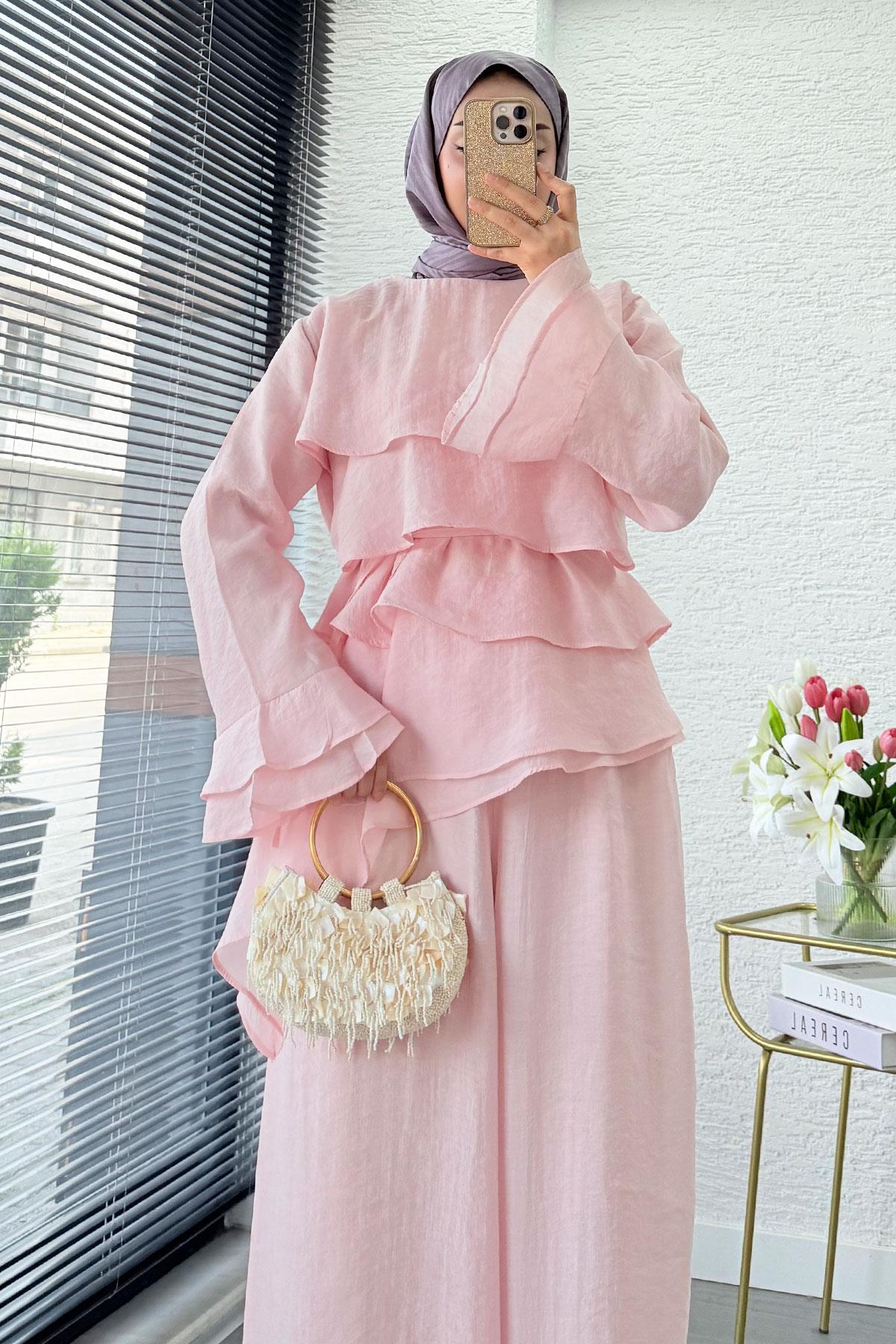 Premium Volan Katlı Vual İkili Takım – Pembe