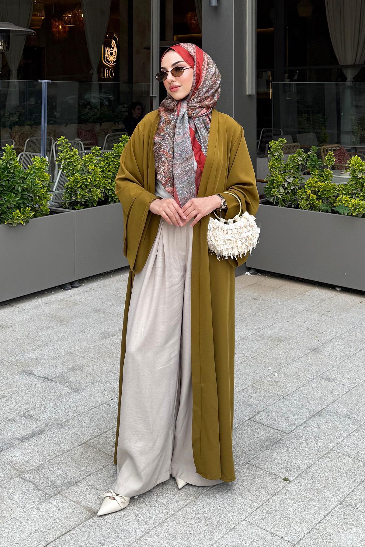 Premium Volan Kol Diana Abaya – Yağ Yeşili