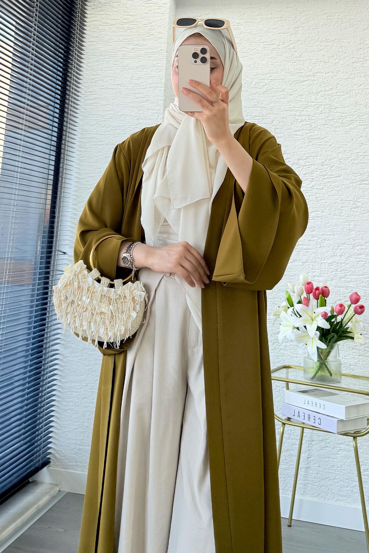 Premium Volan Kol Diana Abaya – Yağ Yeşili