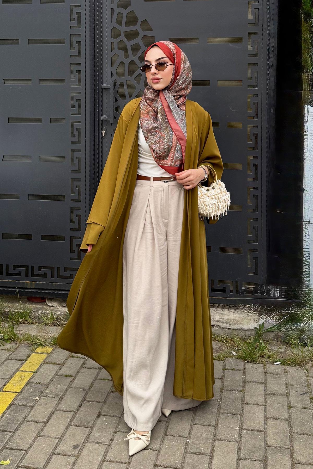Premium Volan Kol Diana Abaya – Yağ Yeşili