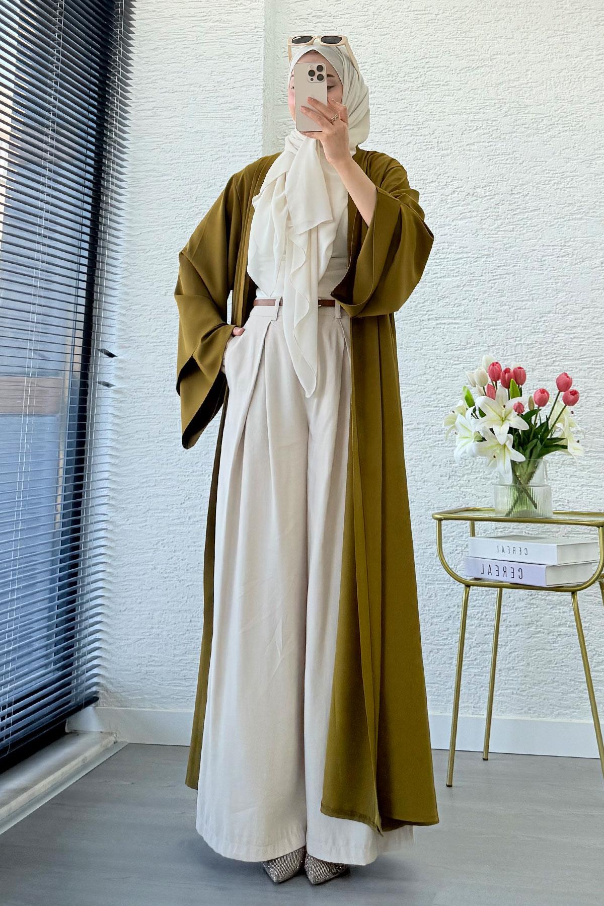 Premium Volan Kol Diana Abaya – Yağ Yeşili