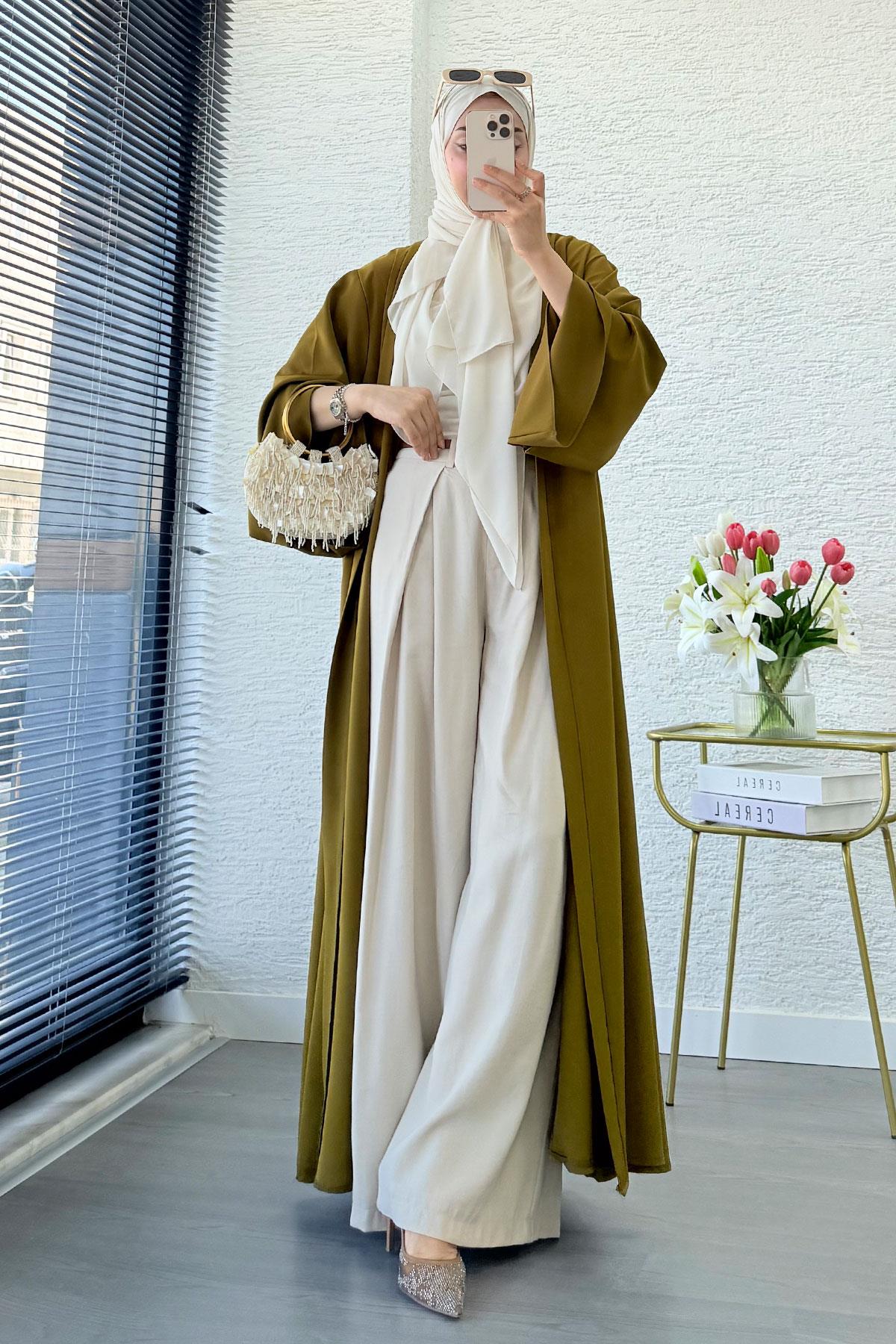 Premium Volan Kol Diana Abaya – Yağ Yeşili