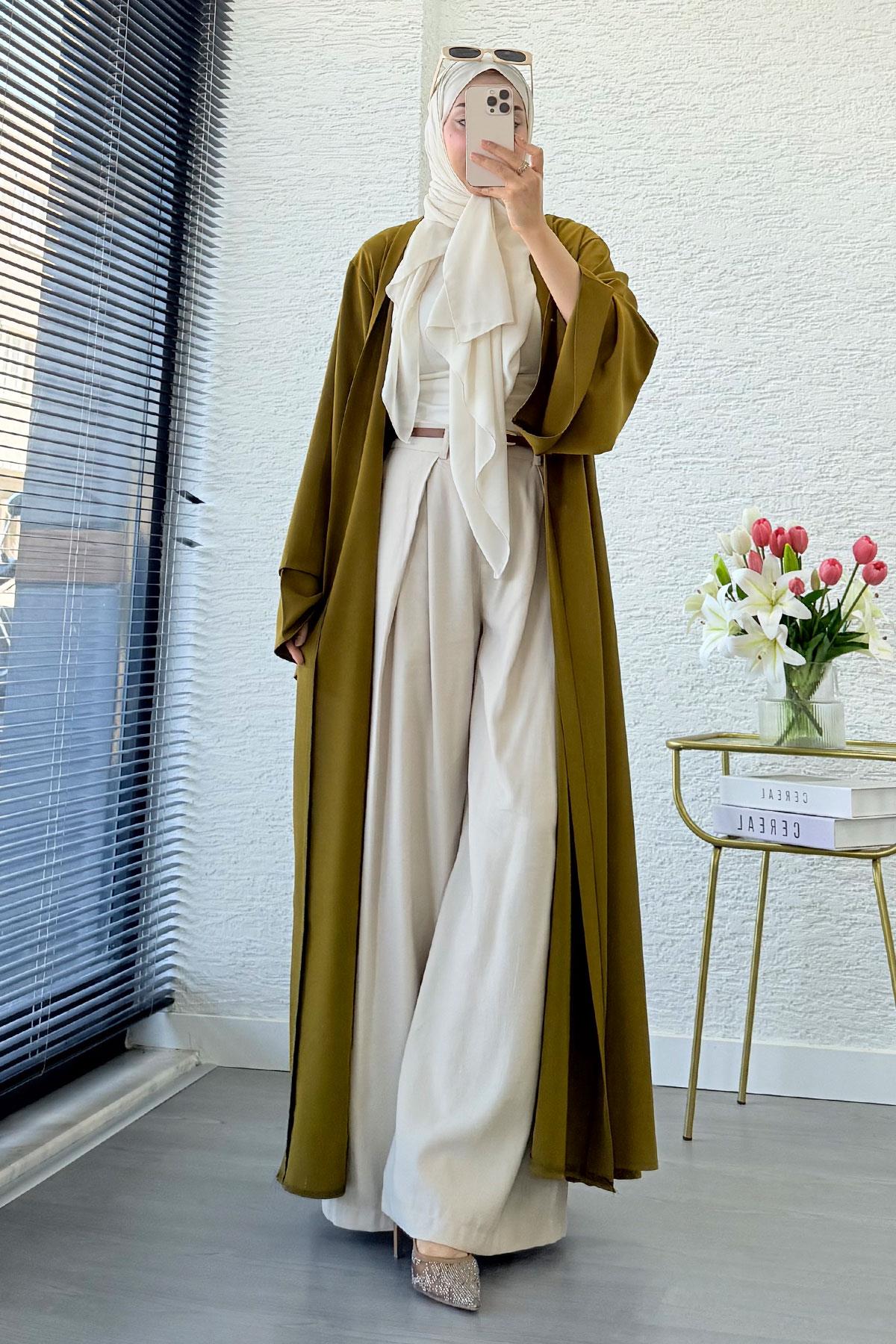 Premium Volan Kol Diana Abaya – Yağ Yeşili