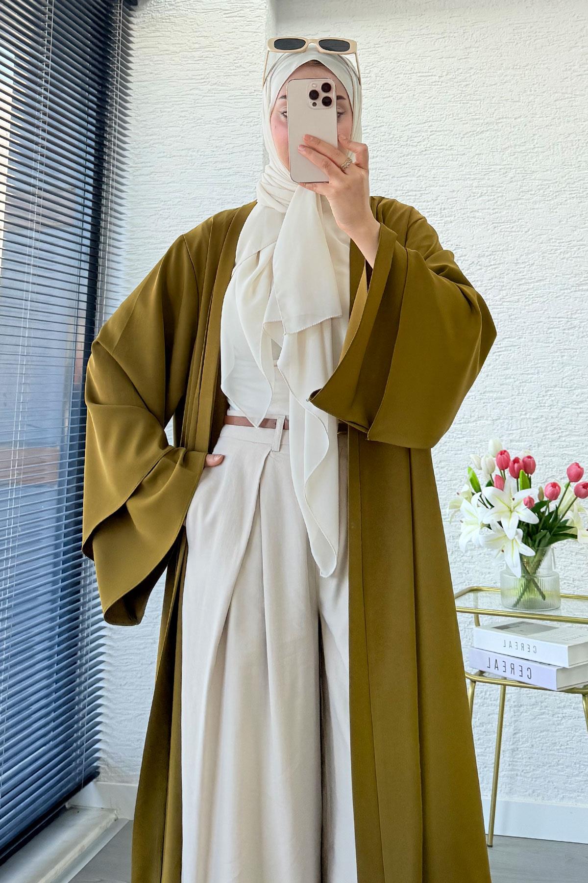 Premium Volan Kol Diana Abaya – Yağ Yeşili