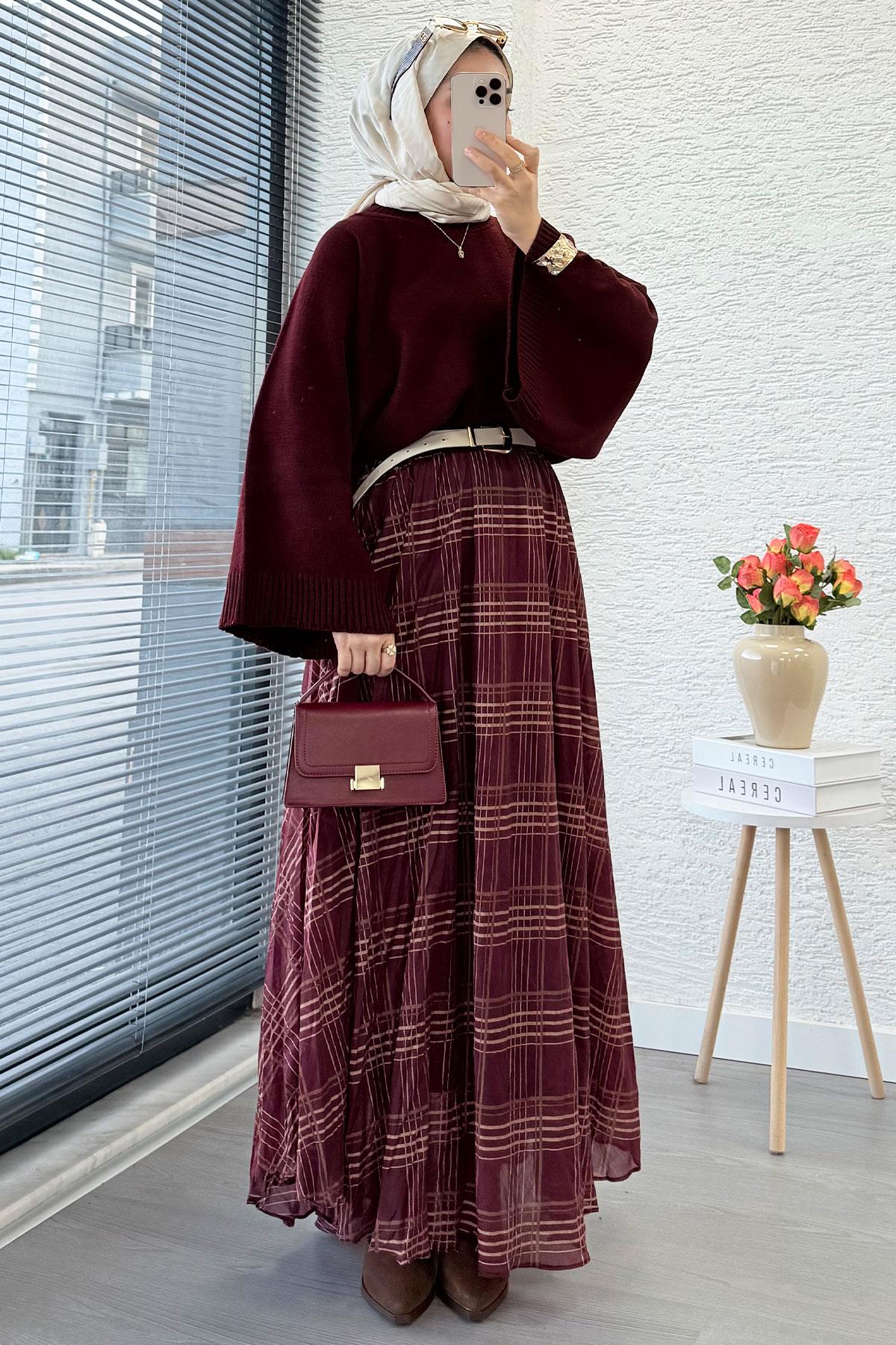Premium Vual Ekose Desenli Lastikli Bel Kloş Etek - Bordo