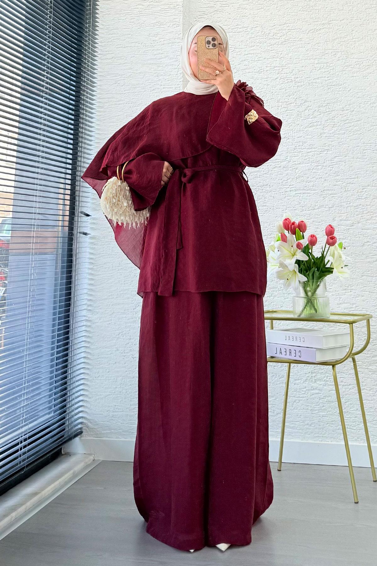 Premıum Yaka Bronş Omuz Pelerinli Vual İkili Takım - Bordo