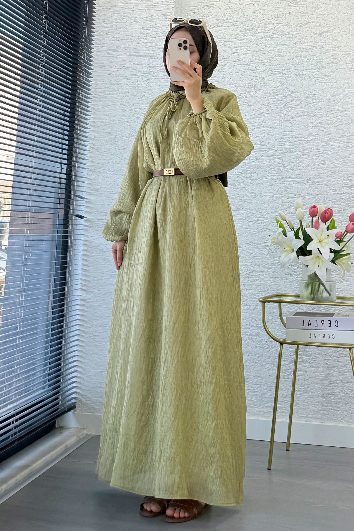 Premium Yaka Büzgülü Balon Kol Vual Elbise - Olive