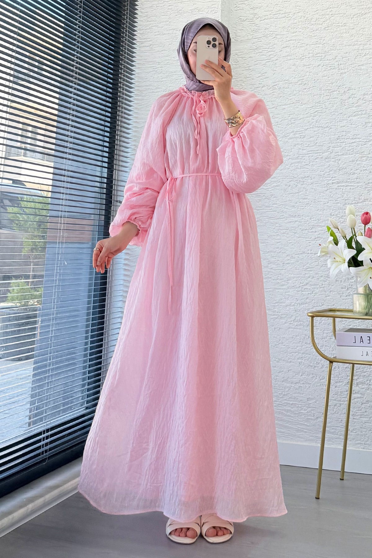 Premium Yaka Büzgülü Balon Kol Vual Elbise - Pembe
