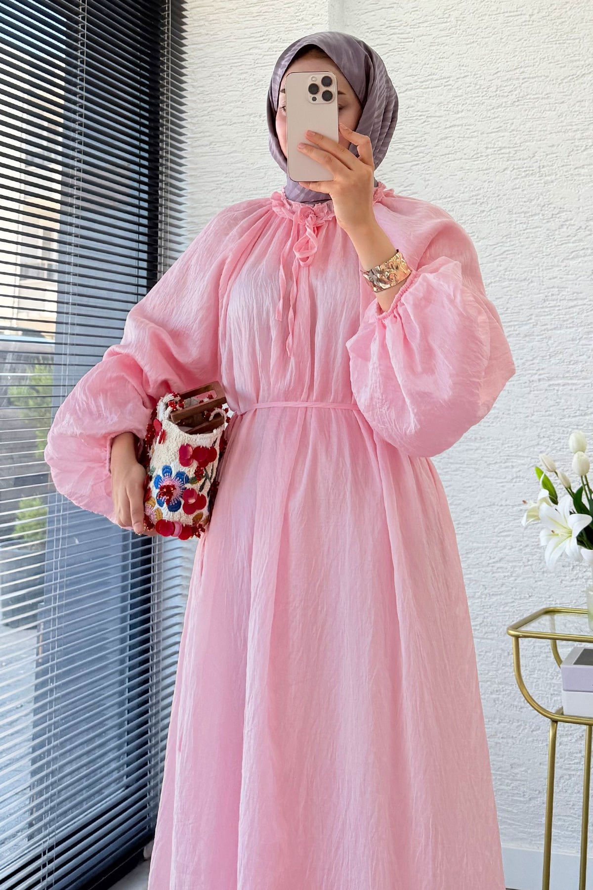 Premium Yaka Büzgülü Balon Kol Vual Elbise - Pembe