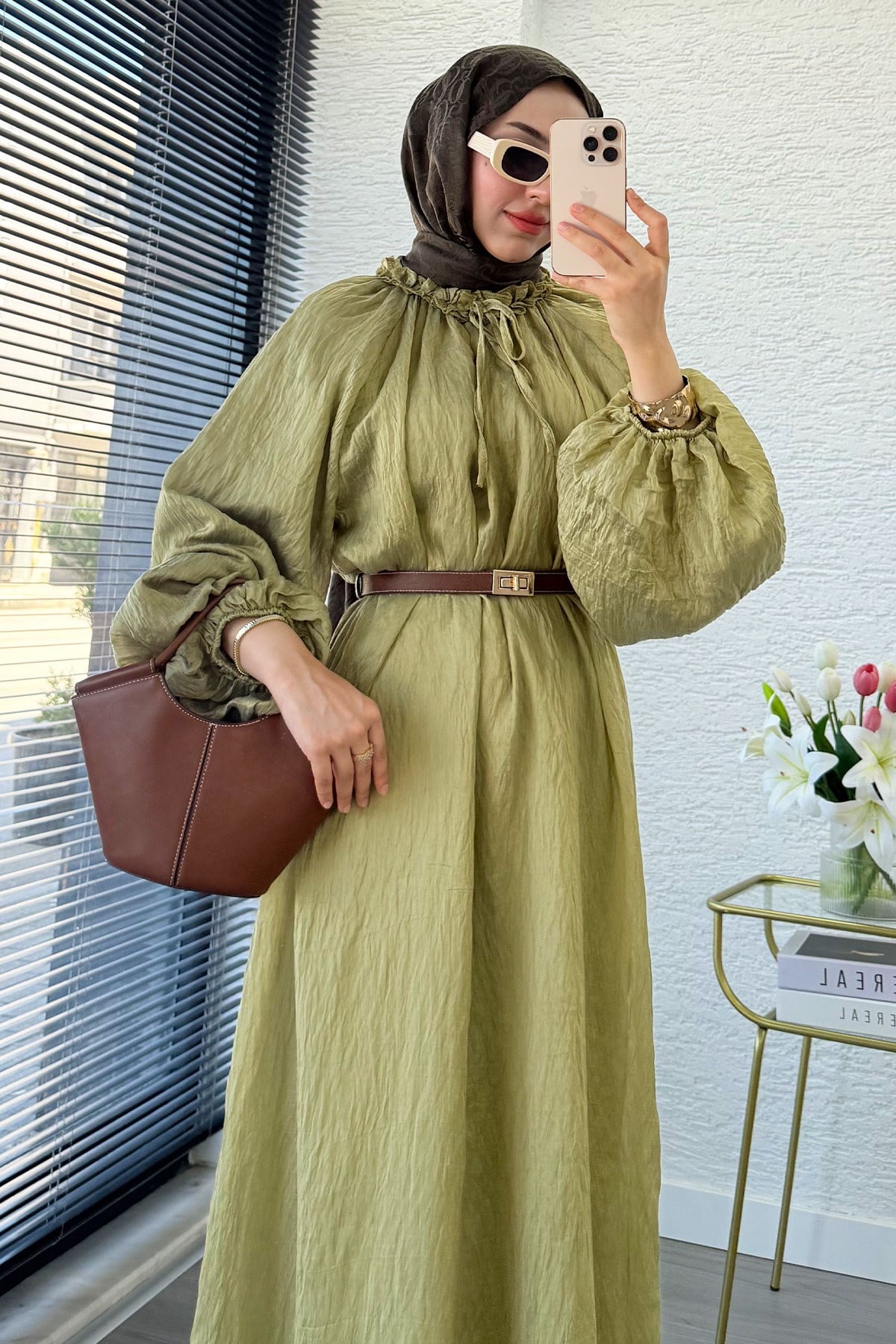 Premium Yaka Büzgülü Balon Kol Vual Elbise - Olive