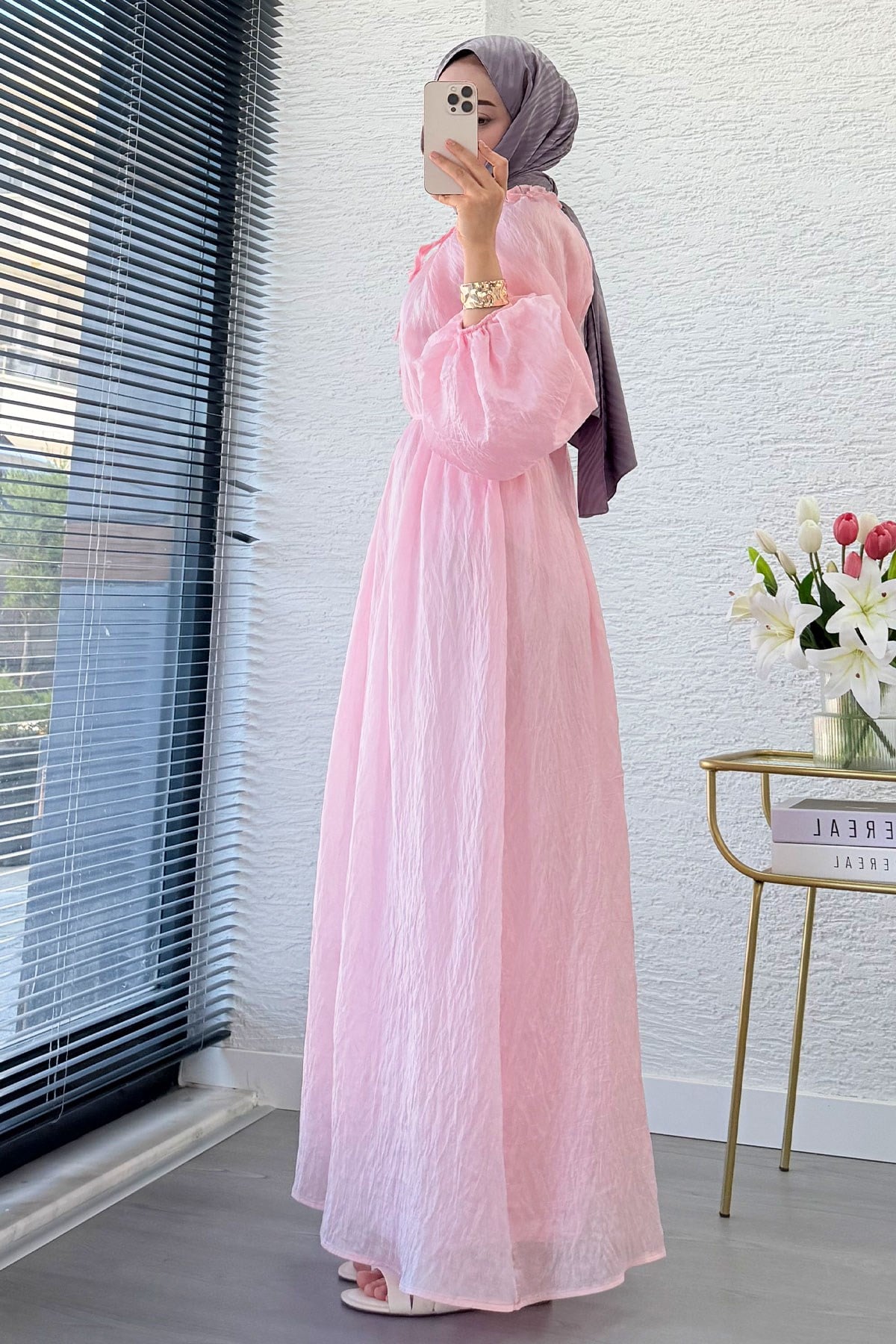 Premium Yaka Büzgülü Balon Kol Vual Elbise - Pembe