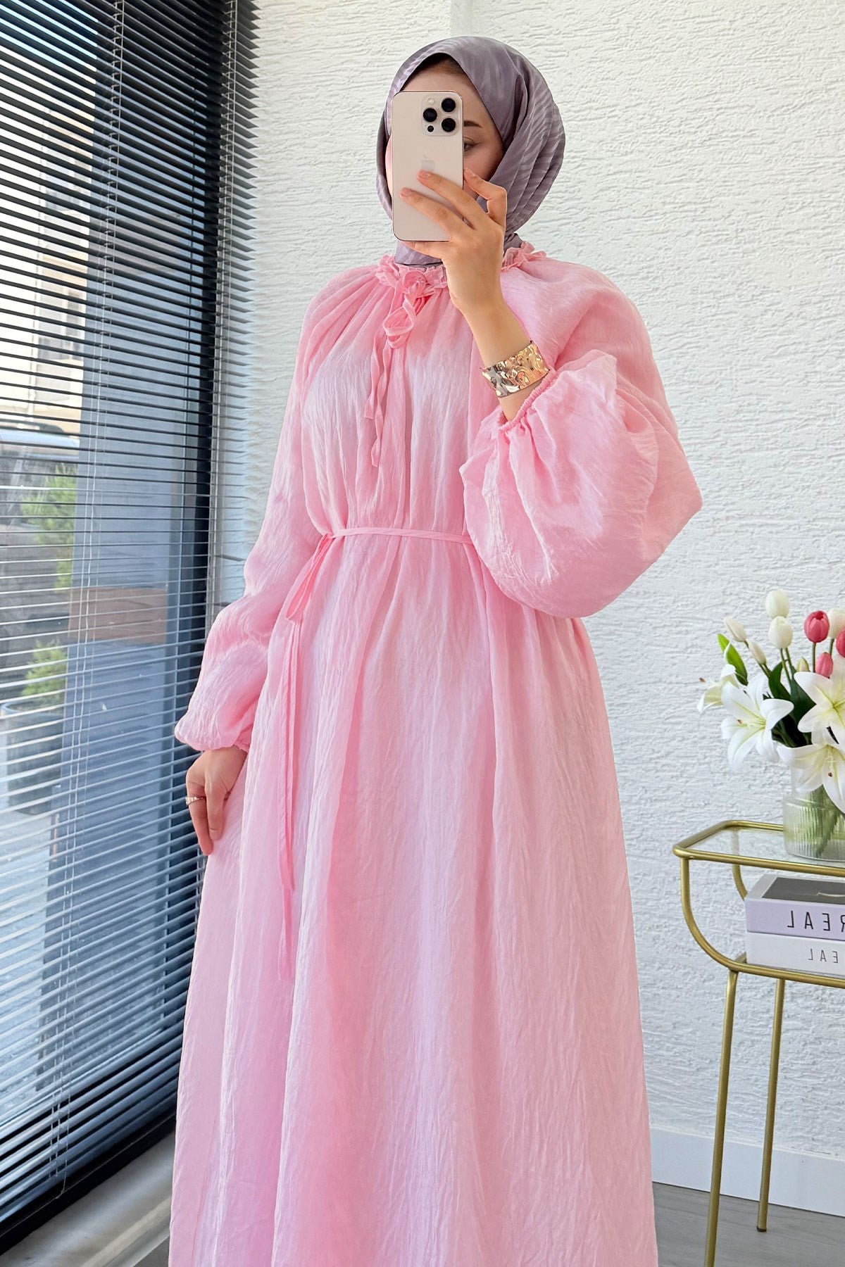 Premium Yaka Büzgülü Balon Kol Vual Elbise - Pembe