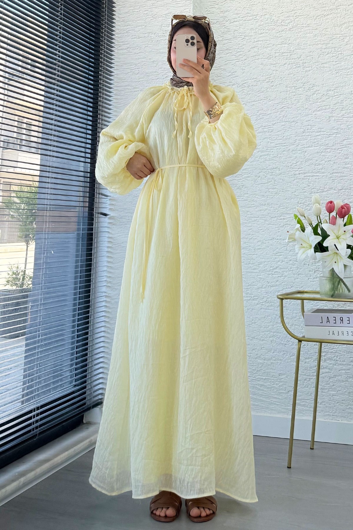 Premium Yaka Büzgülü Balon Kol Vual Elbise - Sarı