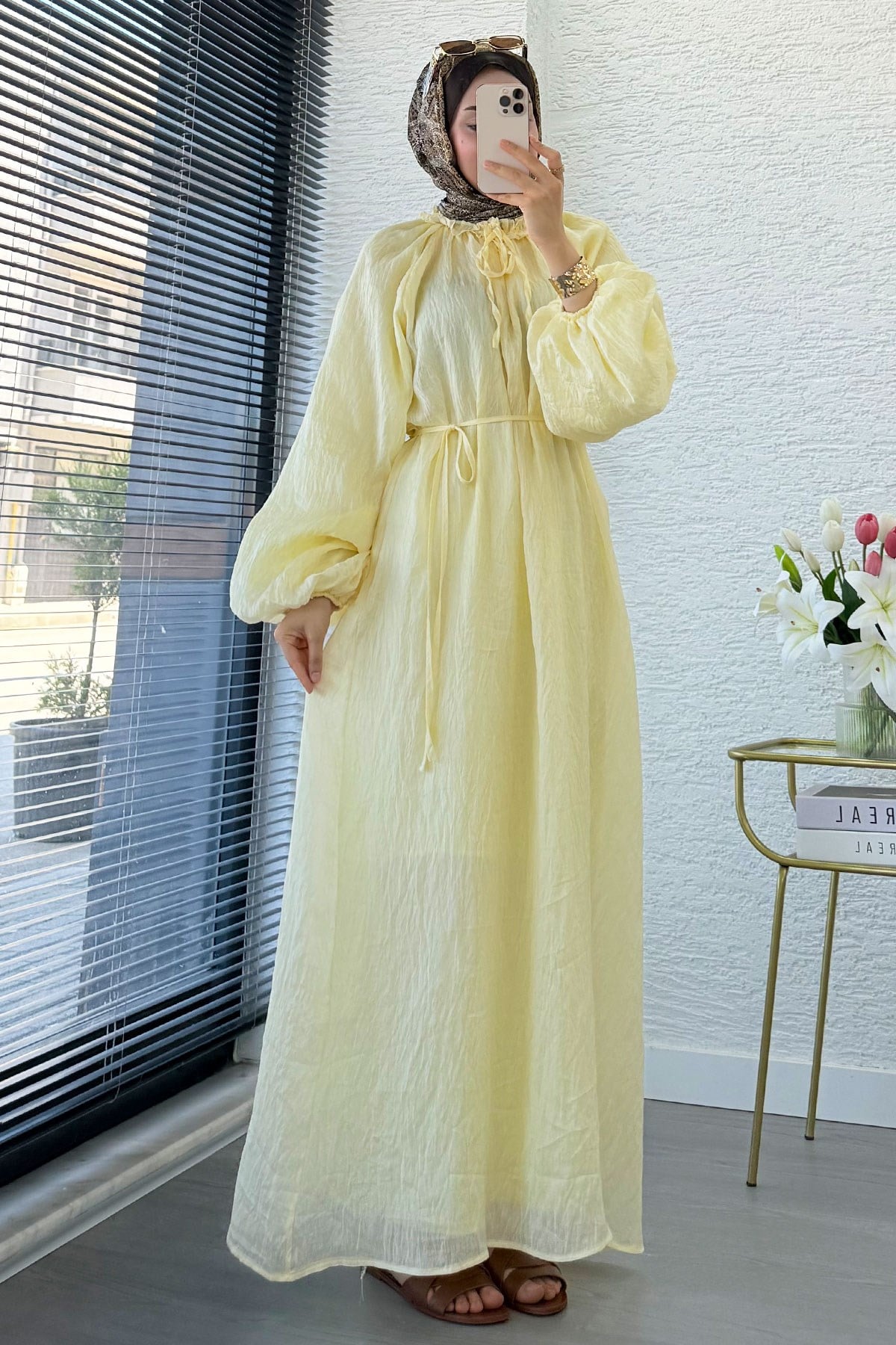 Premium Yaka Büzgülü Balon Kol Vual Elbise - Sarı
